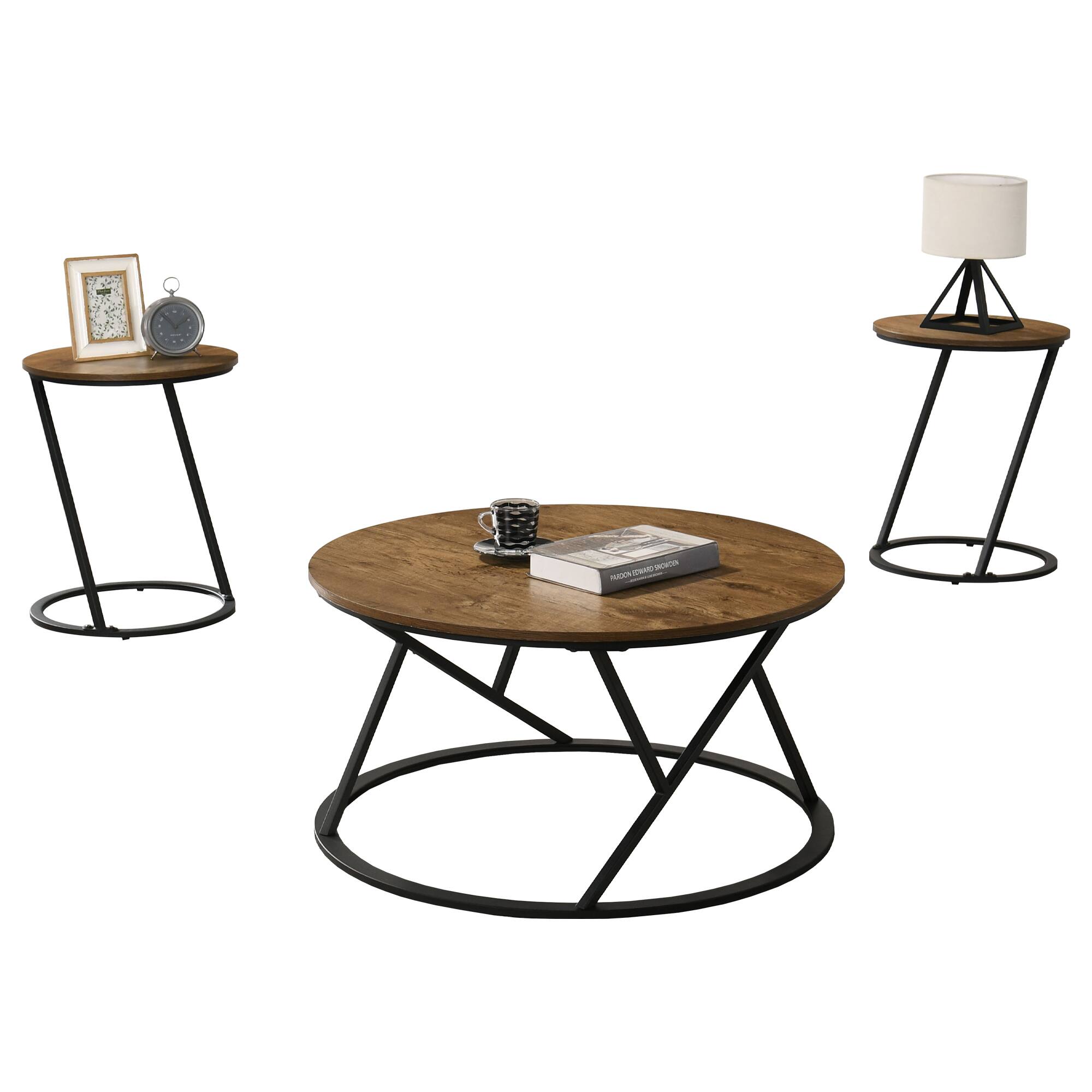 Front. Vaczon - Modern Natural 3 Pc Living Room Table Set with Artistic Metal Base, Coffee Table, and 2 End Tables - Natural.