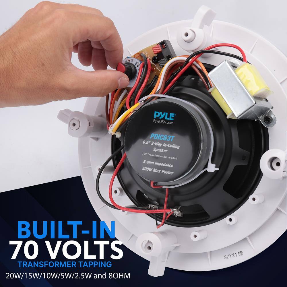 PYLE  
PyleUSA.com  
PDIC63T  
6.5" 2-Way In-Ceiling Speaker  
70V Transformer Embedded  
8-ohm Impedance  
500W Max Power  

BUILT-IN  
70 VOLTS  
TRANSFORMER TAPPING  
20W/15W/10W/5W/2.5W and 8OHM  

SZY21
