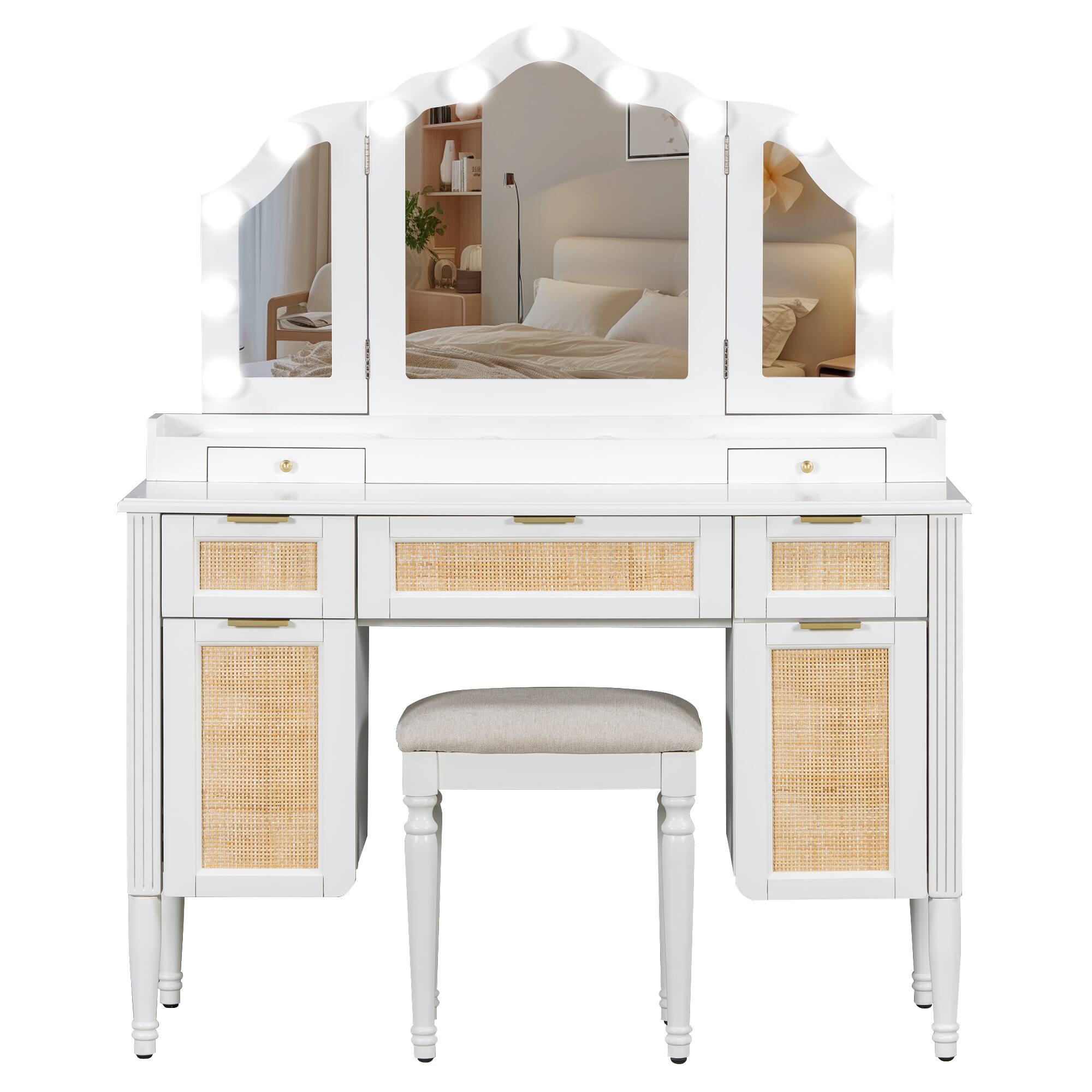Angle. COWLOWN - 44.37 Inch Vanity Desk 13 Hollywood Bulbs 3 Modes Tri Fold Mirror 5 Drawers Shelves White - White.