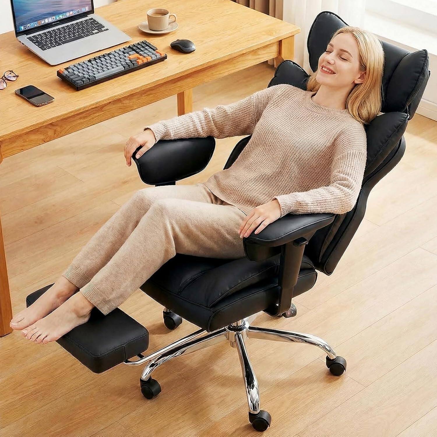 Angle. Sweet - High Back Executive Office Chair with Footrest and Adjustable Armrests , Big and Tall PU Leather Gaming Chair, Black - Black.