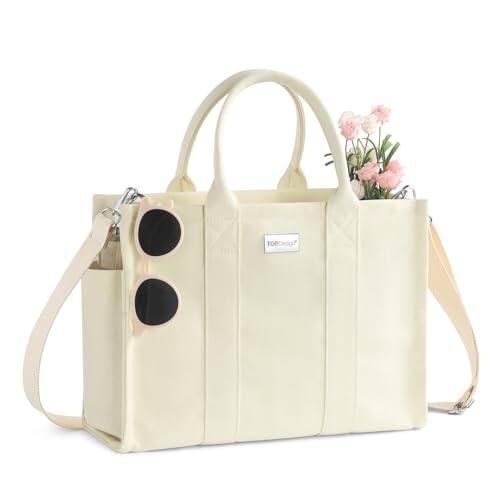Front. DORLUKFU - Heavy-Duty Canvas Tote Bag for Women, Adjustable Crossbody Handbag with 6 Pockets, Everything Tote - Cream.