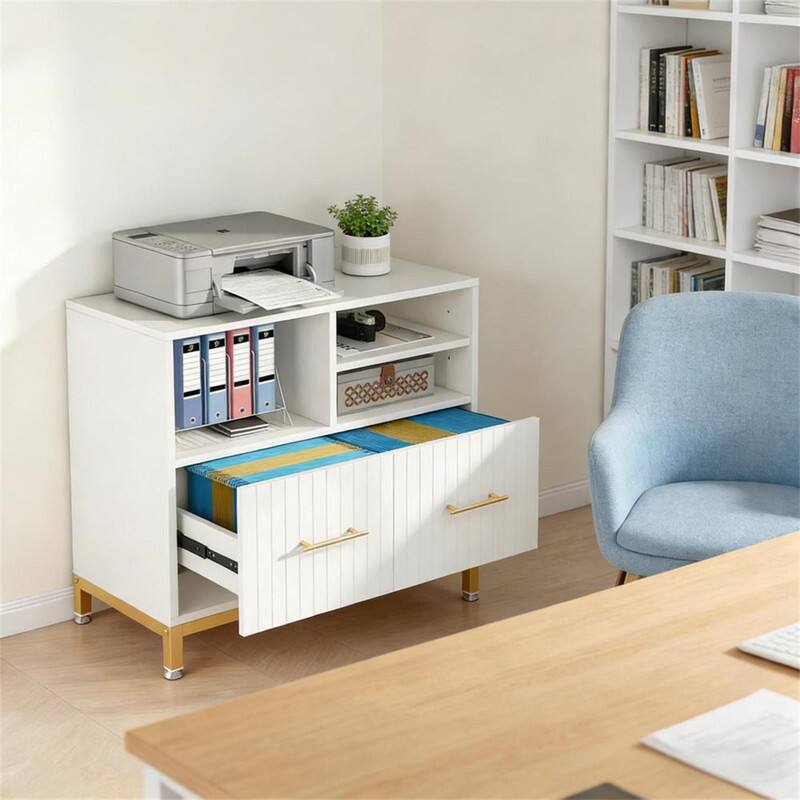 Alt View 4. HTUTWOO - Practical File Cabinet - Adjustable Hanging Rod Storage with Open Shelves,Multi-Purpose Printer Stand,Stable Metal Frame - Gold+White.