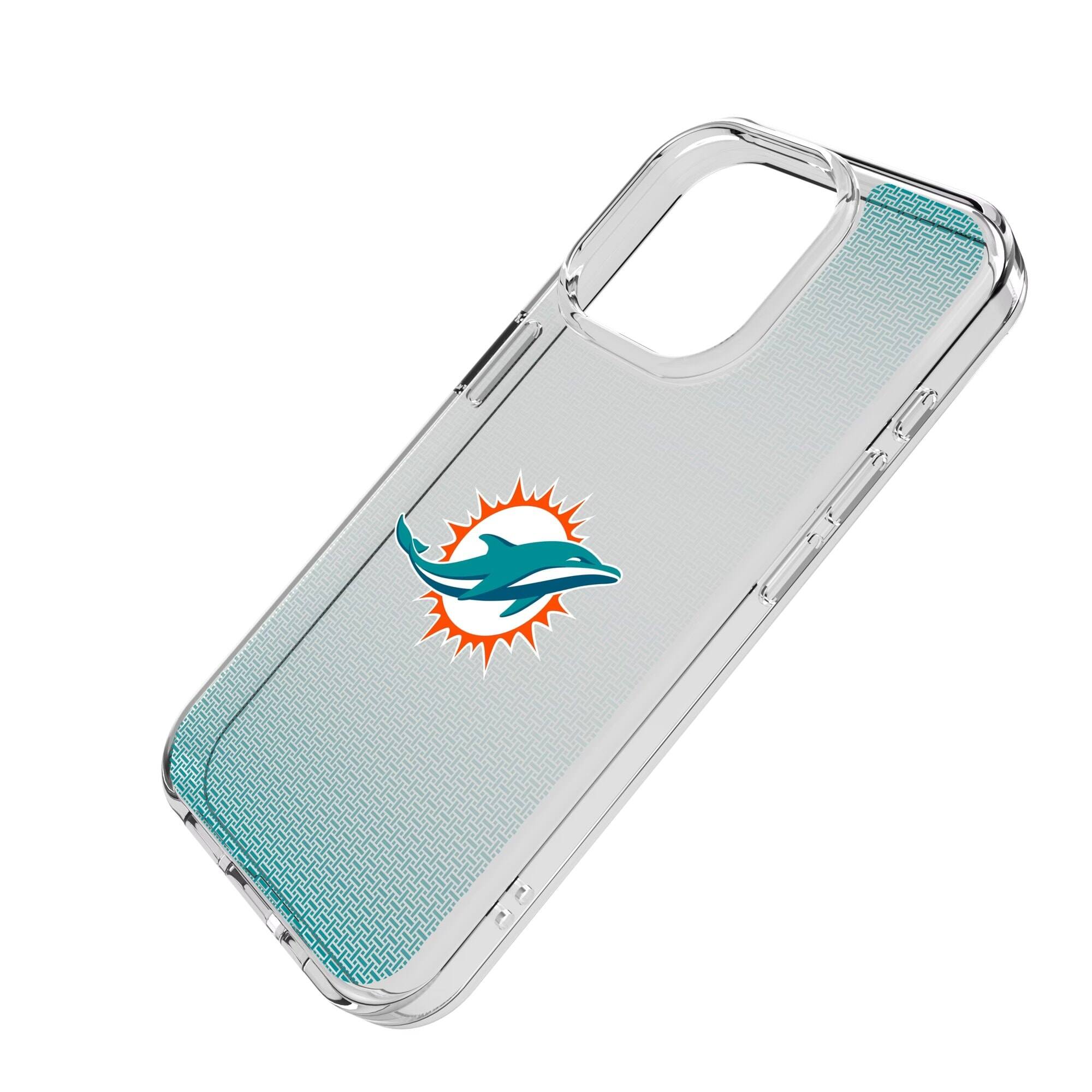 Alt View 1. Keyscaper - Miami Dolphins Linen Logo iPhone Clear Case - 15 Pro - Multicolor.