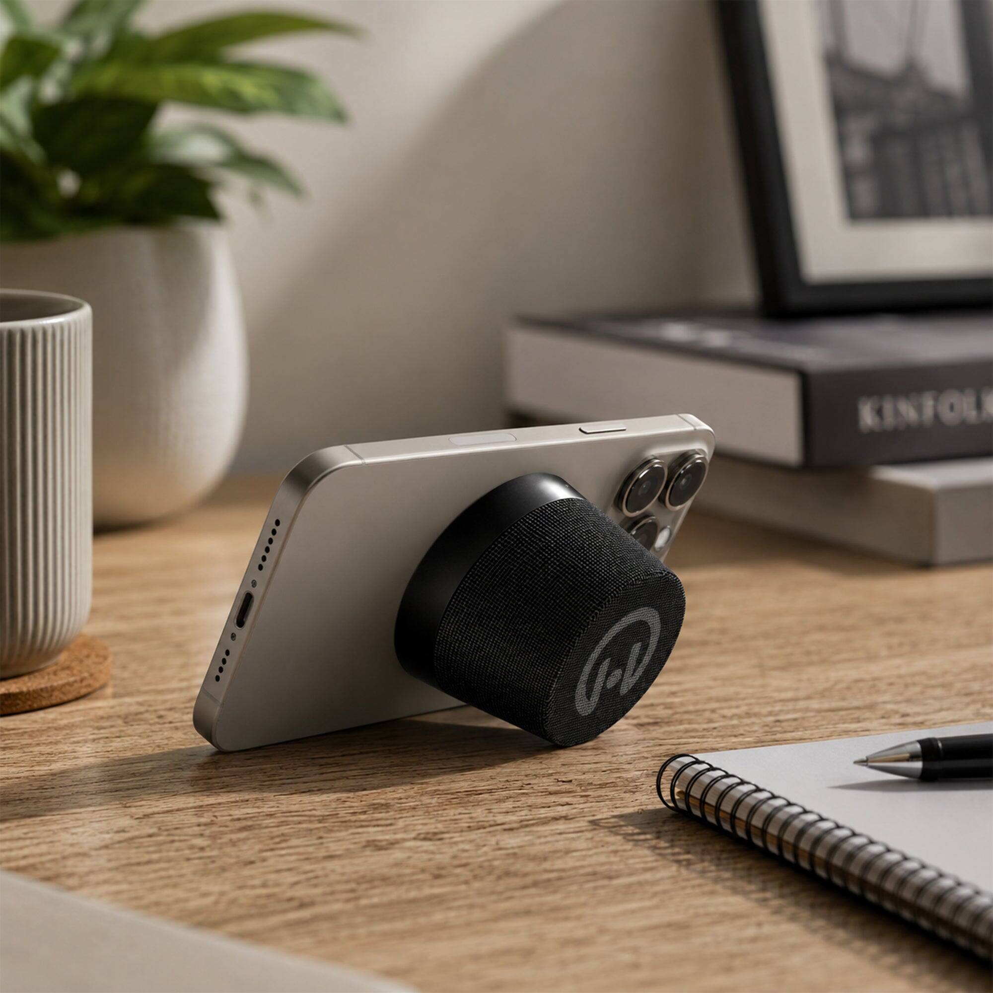 Left. iBasics - MagSafe Mini Bluetooth Speaker – Magnetic 360° Sound, IPX6 Waterproof - Black.