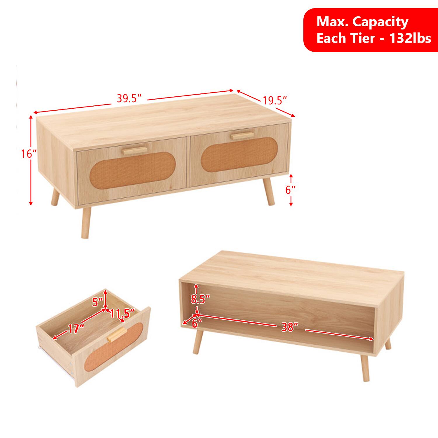 Max. Capacity Each Tier - 132lbs

- 39.5" (Width)
- 19.5" (Depth)
- 16" (Height)
- 6" (Leg Height)
- 17" (Drawer Width)
- 11.5" (Drawer Depth)
- 5" (Drawer Height)
- 8.5" (Drawer Height)
- 6" (Drawer Height)
- 38" (Length)
