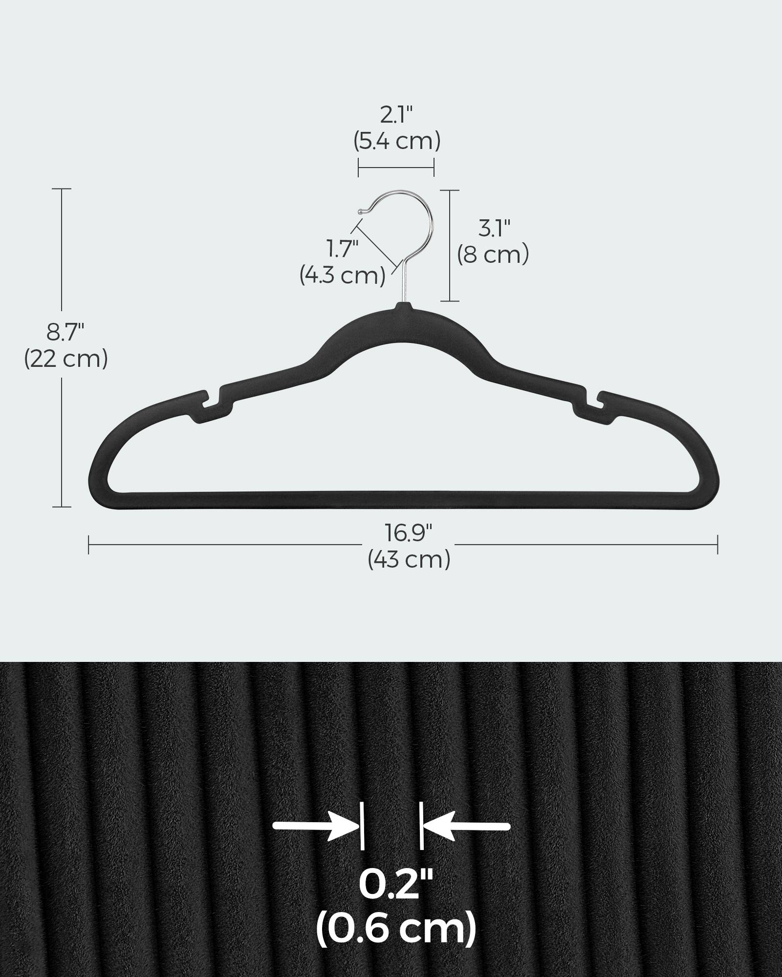 2.1" (5.4 cm)  
1.7" (4.3 cm)  
3.1" (8 cm)  
8.7" (22 cm)  
16.9" (43 cm)  
0.2" (0.6 cm)