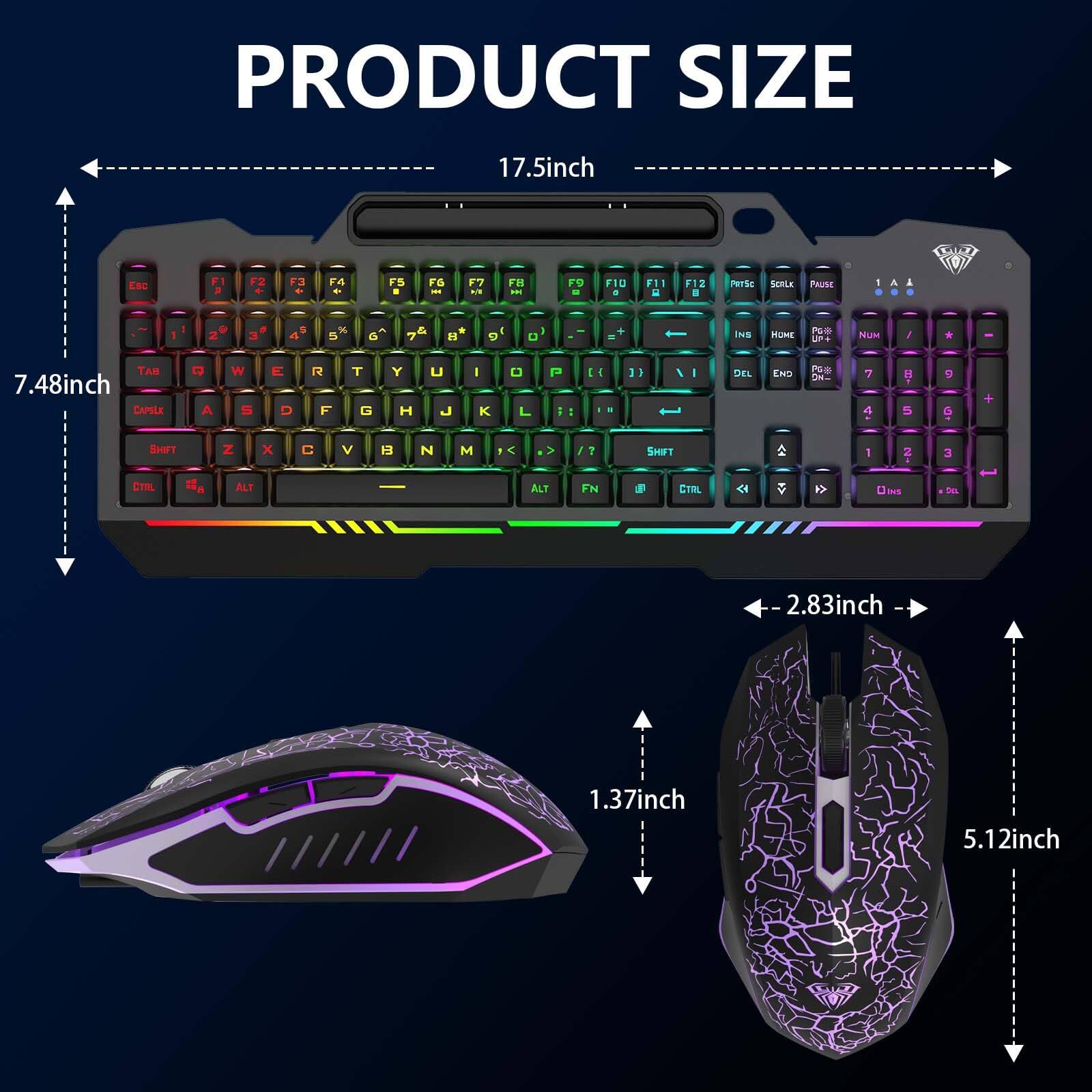 PRODUCT SIZE

- Keyboard: 17.5 inch (width) x 7.48 inch (height)
- Mouse: 5.12 inch (width) x 2.83 inch (depth) x 1.37 inch (height)