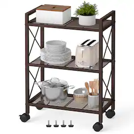 Songmics Home - Metal Storage Rack with Wheels, Mesh Shelving Unit with X Side Frames, Industrial Style, 3-Tier, 22.8-Inch Width - Metallic Bronze