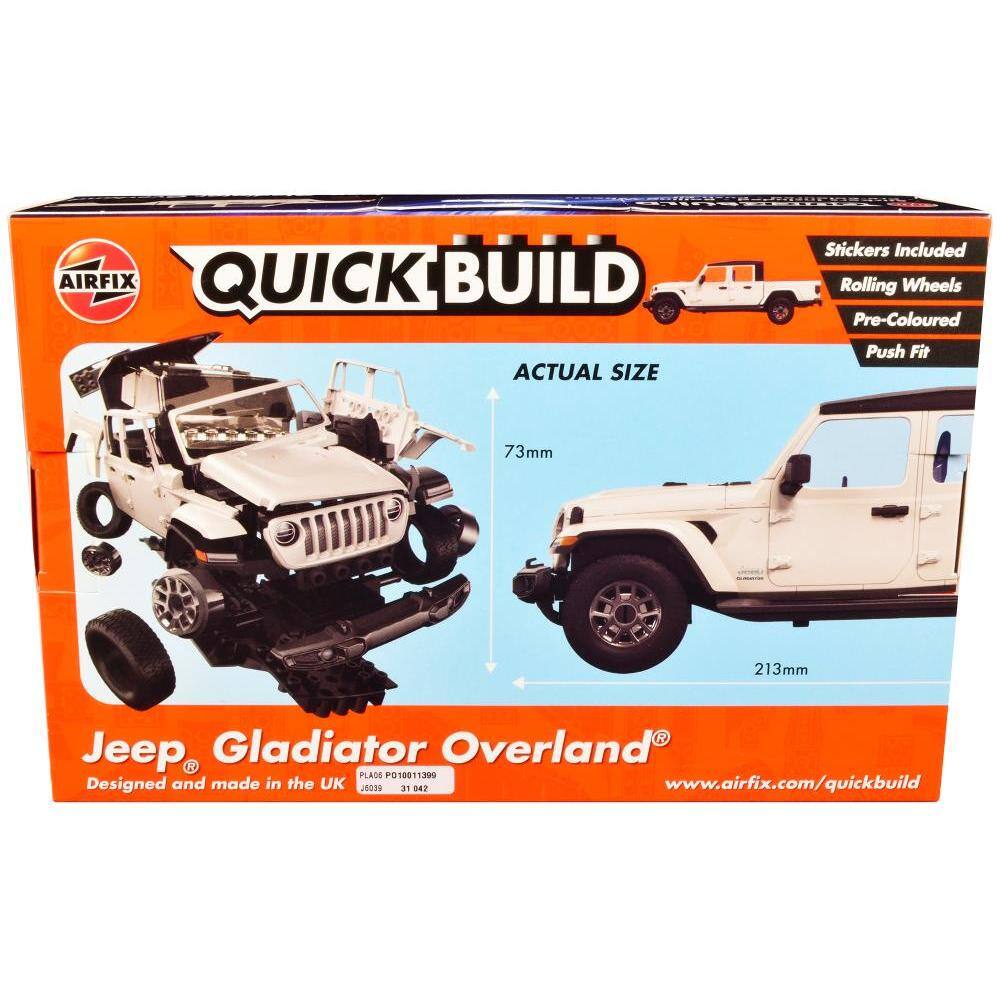 AIRFIX QUICK BUILD  
ACTUAL SIZE  
Stickers Included  
Rolling Wheels  
Pre-Coloured  
Push Fit  

Jeep Gladiator Overland  
Designed and made in the UK  

73mm  
213mm  

PLA06 P010811300  
16039 31 042  

www.airfix.com/quickbuild