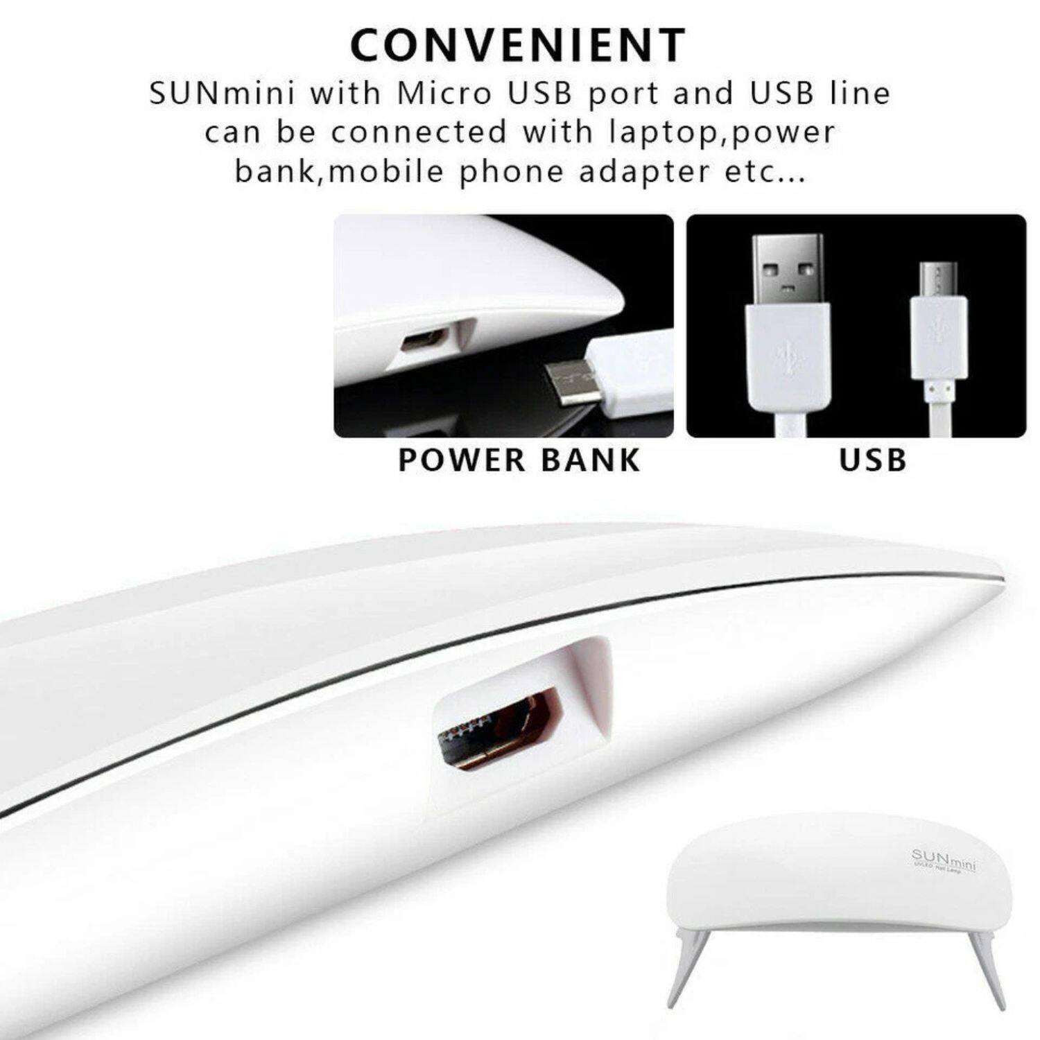 CONVENIENT  
SUNmini with Micro USB port and USB line can be connected with laptop, power bank, mobile phone adapter etc...  

POWER BANK  
USB