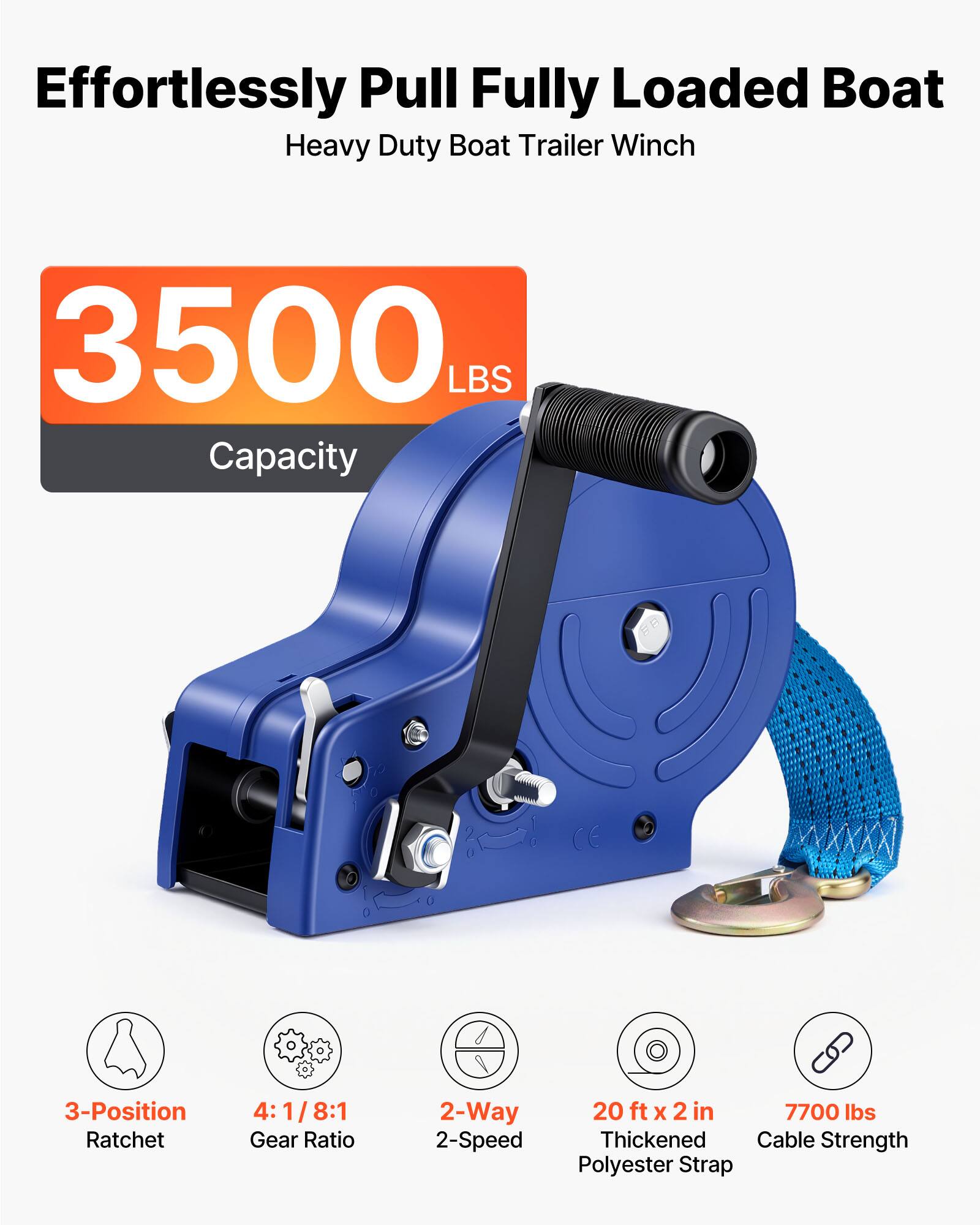 Effortlessly Pull Fully Loaded Boat Heavy Duty Boat Trailer Winch 3500 LBS Capacity 3-Position Ratchet 4:1/8:1 Gear Ratio 2-Way 2-Speed 20 ft x 2 in 7700 lbs Thickened Cable Strength Polyester Strap