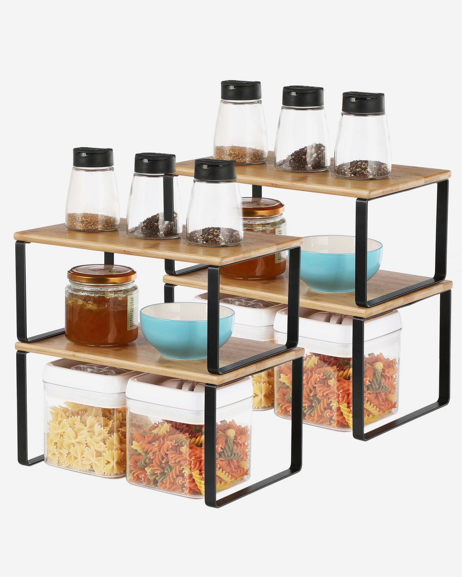 Alt View 4. Songmics Home - Cabinet Organizer Shelf, Set of 4 Kitchen Counter Shelves, Kitchen Storage, Spice Rack, Stackable, Expandable - Ink Black and Natural Beige.
