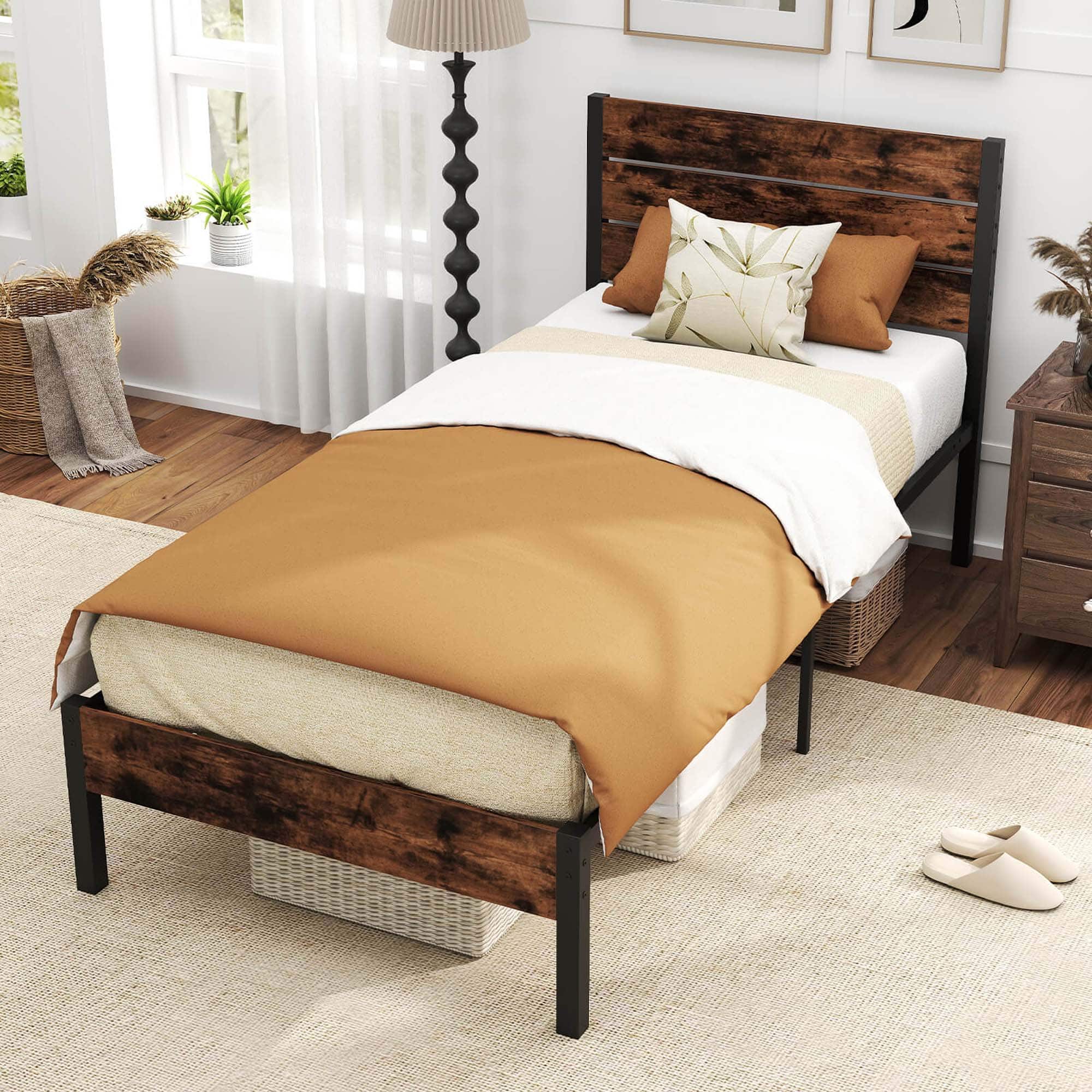 Alt View 4. Costway - Twin Bed Frame with Tall Industrial Headboard Heavy-Duty Metal Slats Support - Brown.