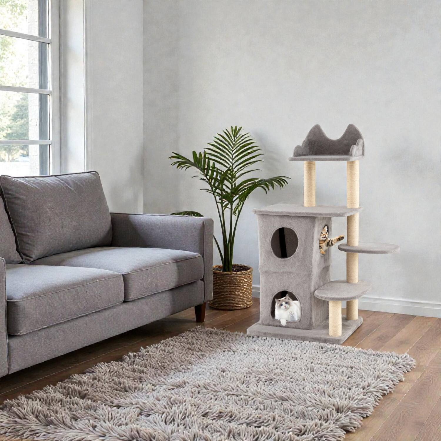 Front. BreeBe - Tall Cat Tree for Big Cats with Dual-Level Condo and Three Hideout Spaces - Gray.