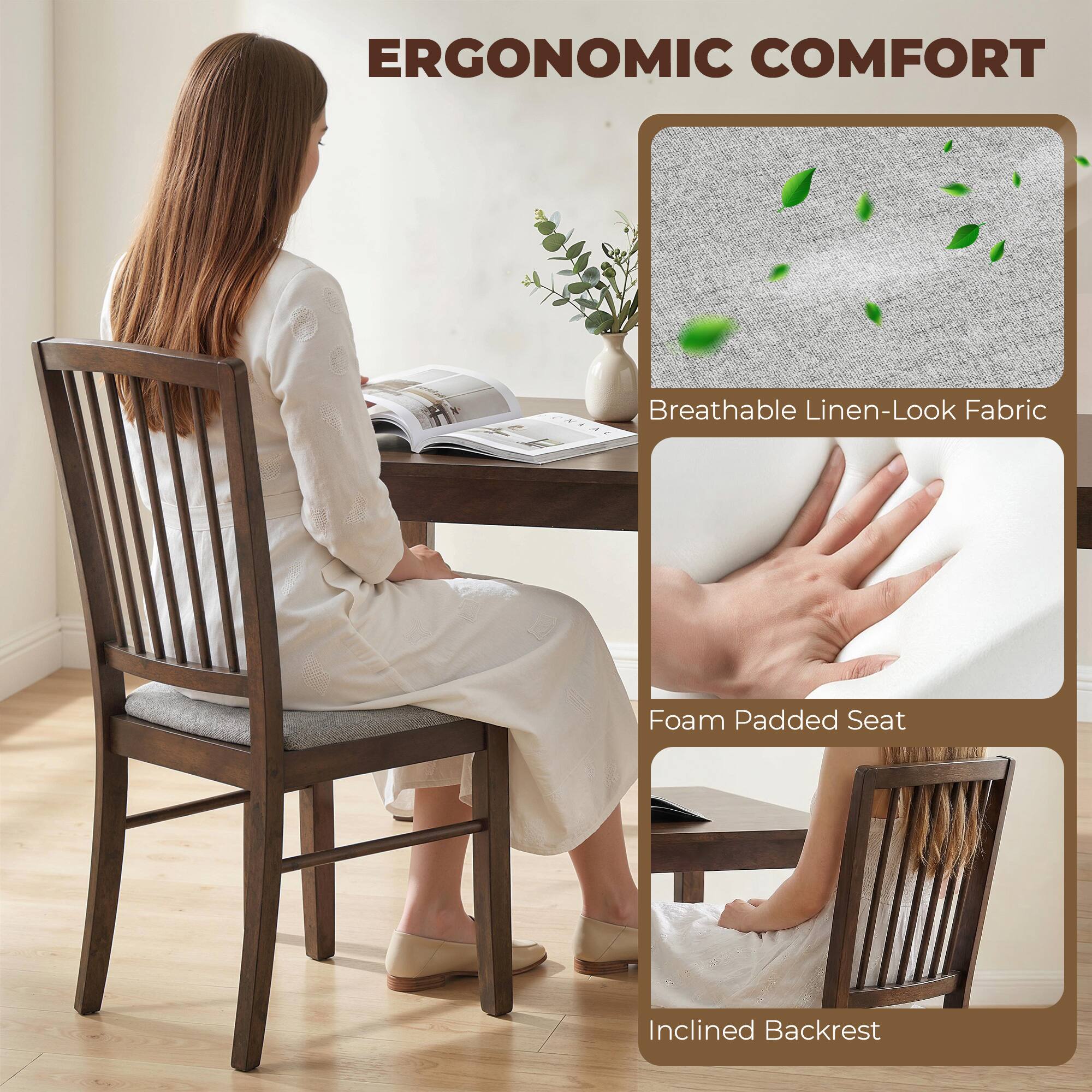 ERGONOMIC COMFORT

- Breathable Linen-Look Fabric
- Foam Padded Seat
- Inclined Backrest
