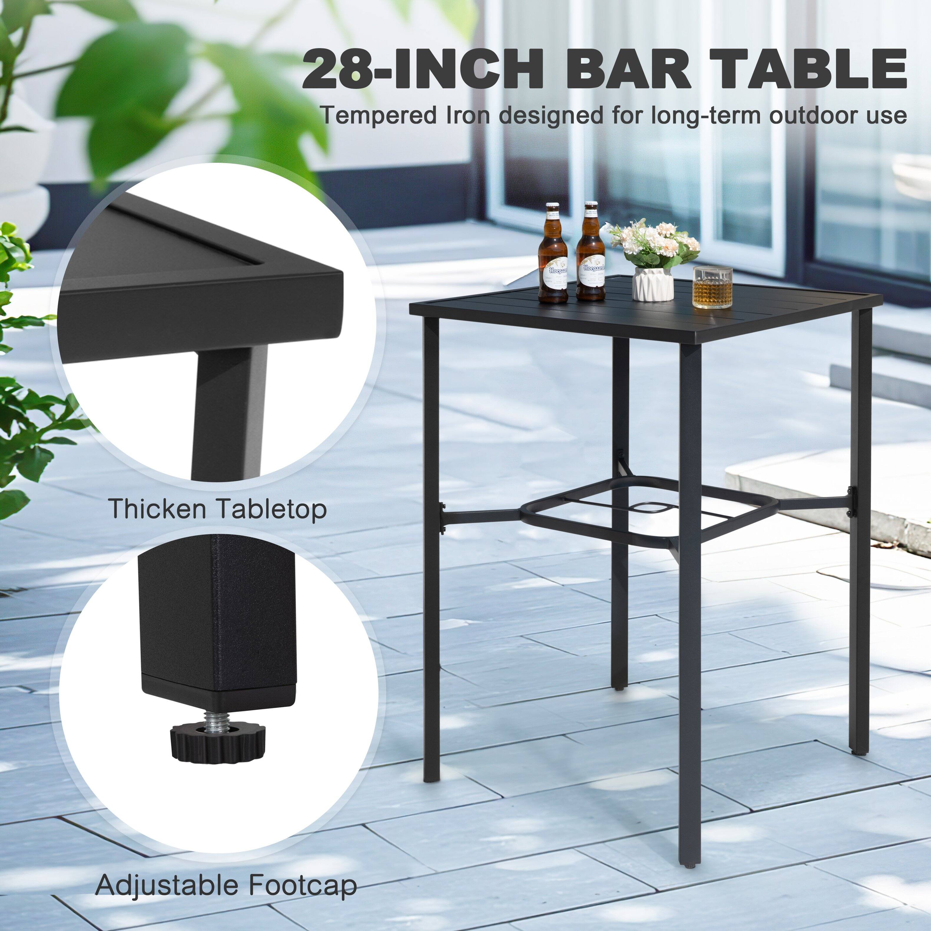 28-INCH BAR TABLE  
Tempered Iron designed for long-term outdoor use  

Thicken Tabletop  
Adjustable Footcap