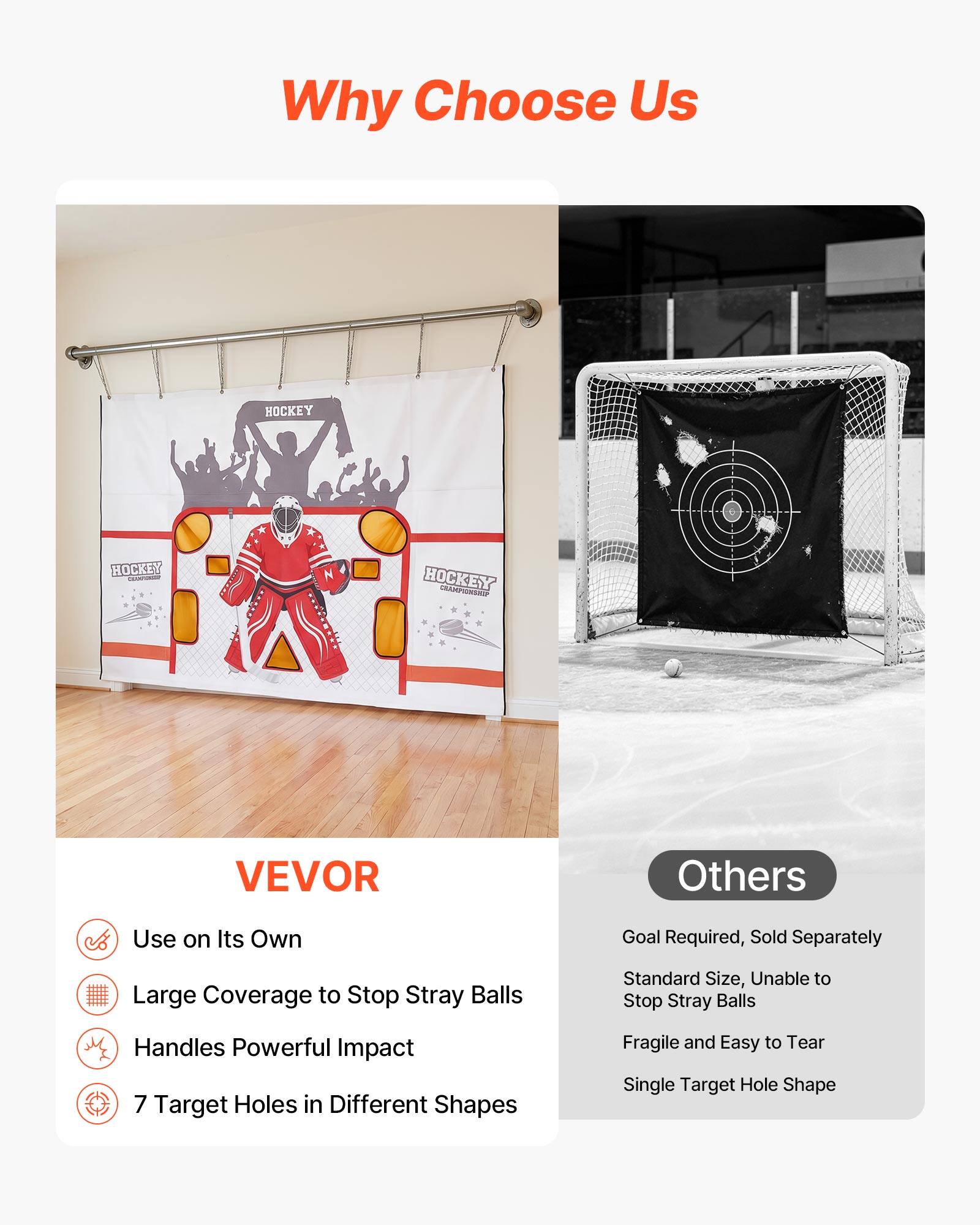 Why Choose Us

HOCKEY

VEVOR

- Use on Its Own
- Large Coverage to Stop Stray Balls
- Handles Powerful Impact
- 7 Target Holes in Different Shapes

Others

- Goal Required, Sold Separately
- Standard Size, Unable to Stop Stray Balls
- Fragile and Easy to Tear
- Single Target Hole Shape