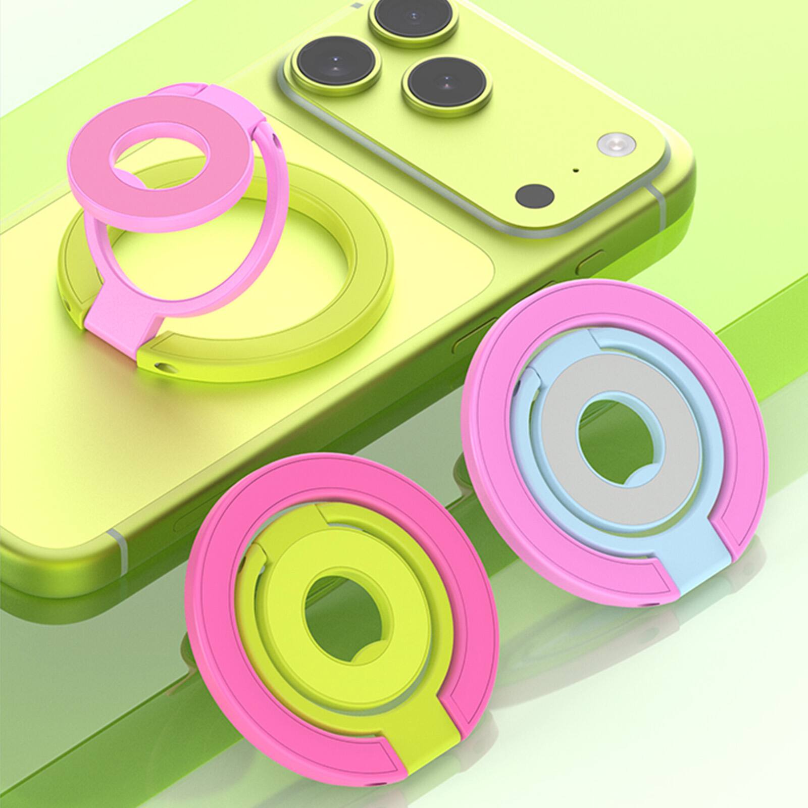 Alt View 4. Dteck - Double-sided Mag Safe Magnetic Ring Stand for Apple iPhone 17 Pro Max,Triple Fold Phone Holder 360° Rotating Kickstand - Green+Pink.