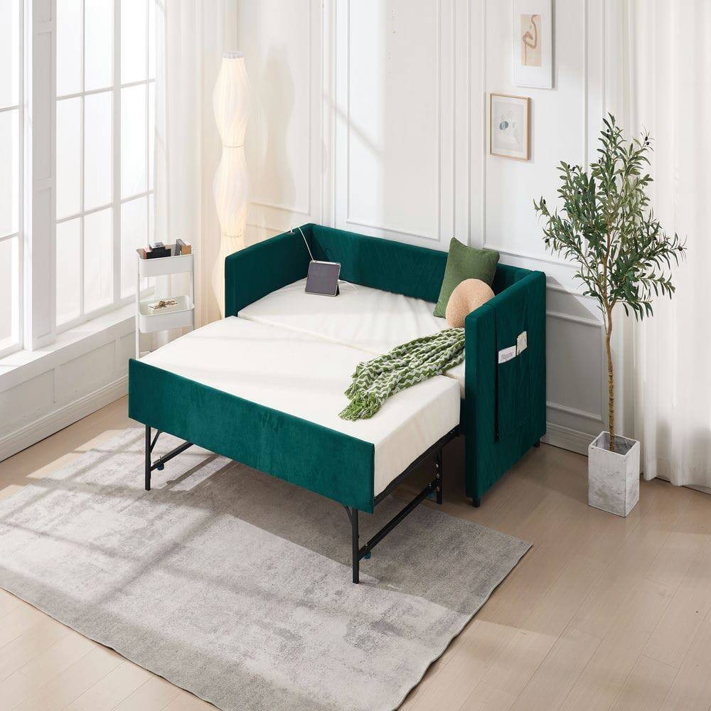 Back. Kadyn - Twin Upholstered Daybed with Trundle, USB Port & Side Pockets, Modern V-Grain Backrest, No Box Spring - Green.