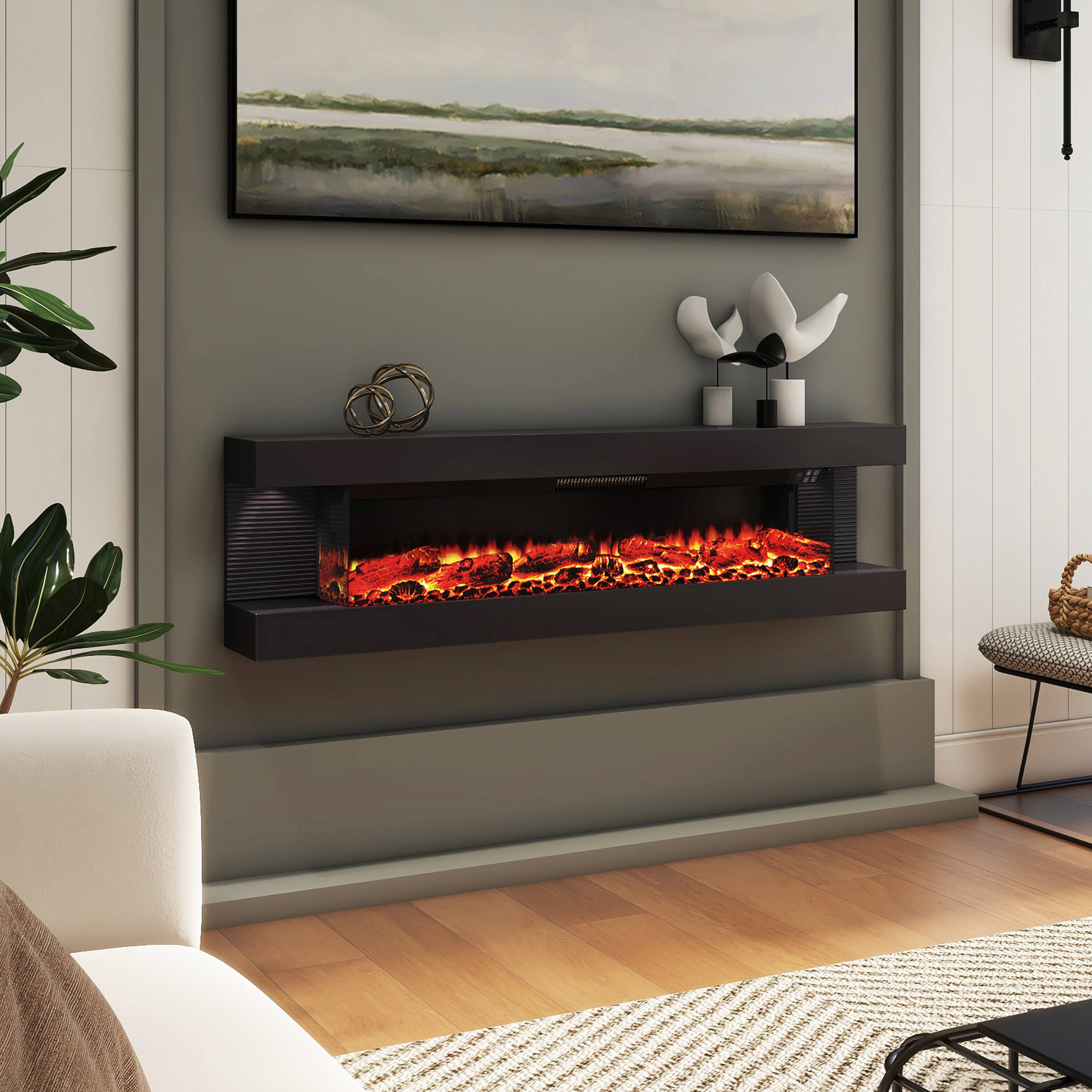 Left. Mondawe - 60" Electric Fireplace with Hanging LED Mantel and Remote Control - Black.