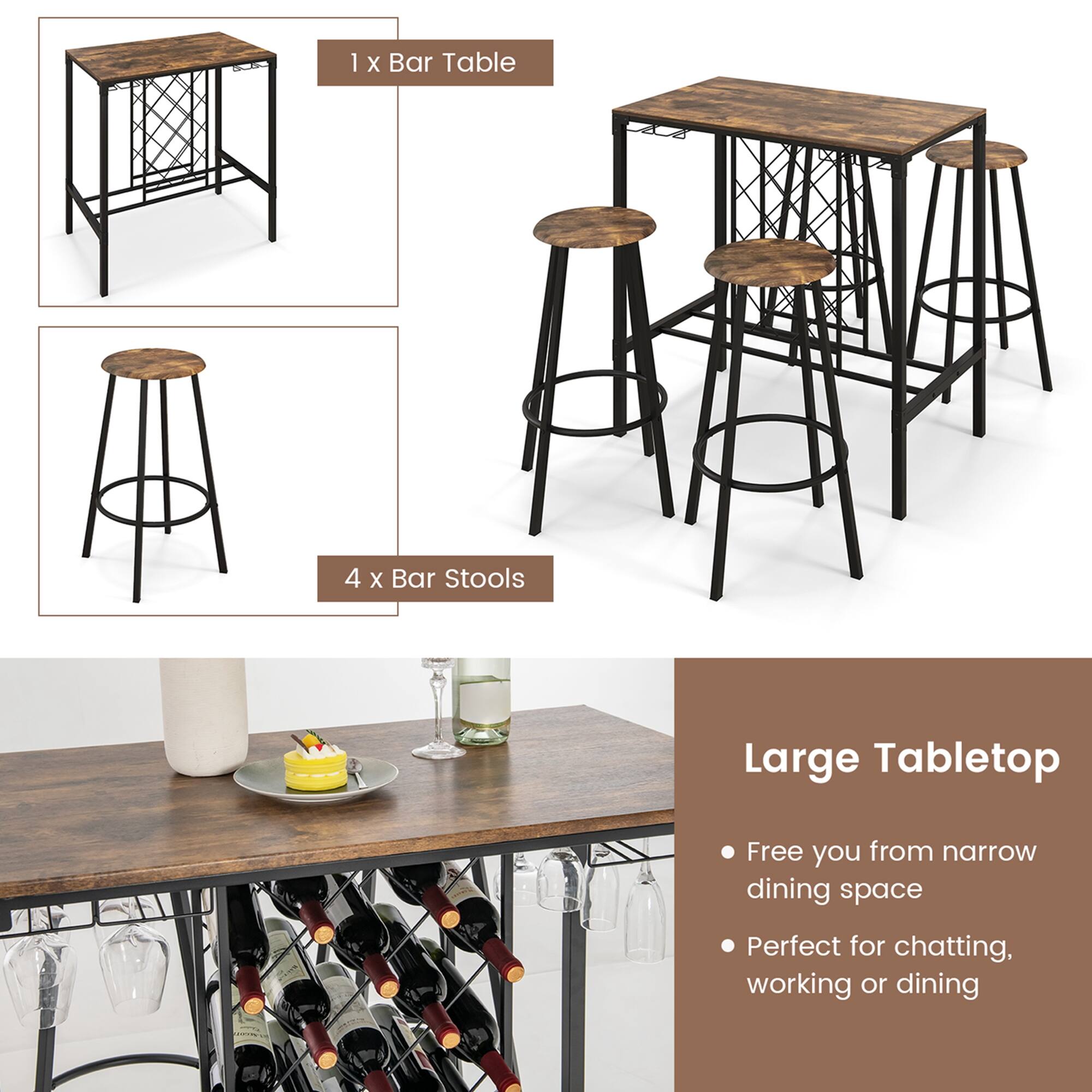 The text on the image is grouped and corrected as follows:

1. Bar Table
4. Bar Stools
Large Tabletop
Free you from narrow dining space
Perfect for chatting, working or dining