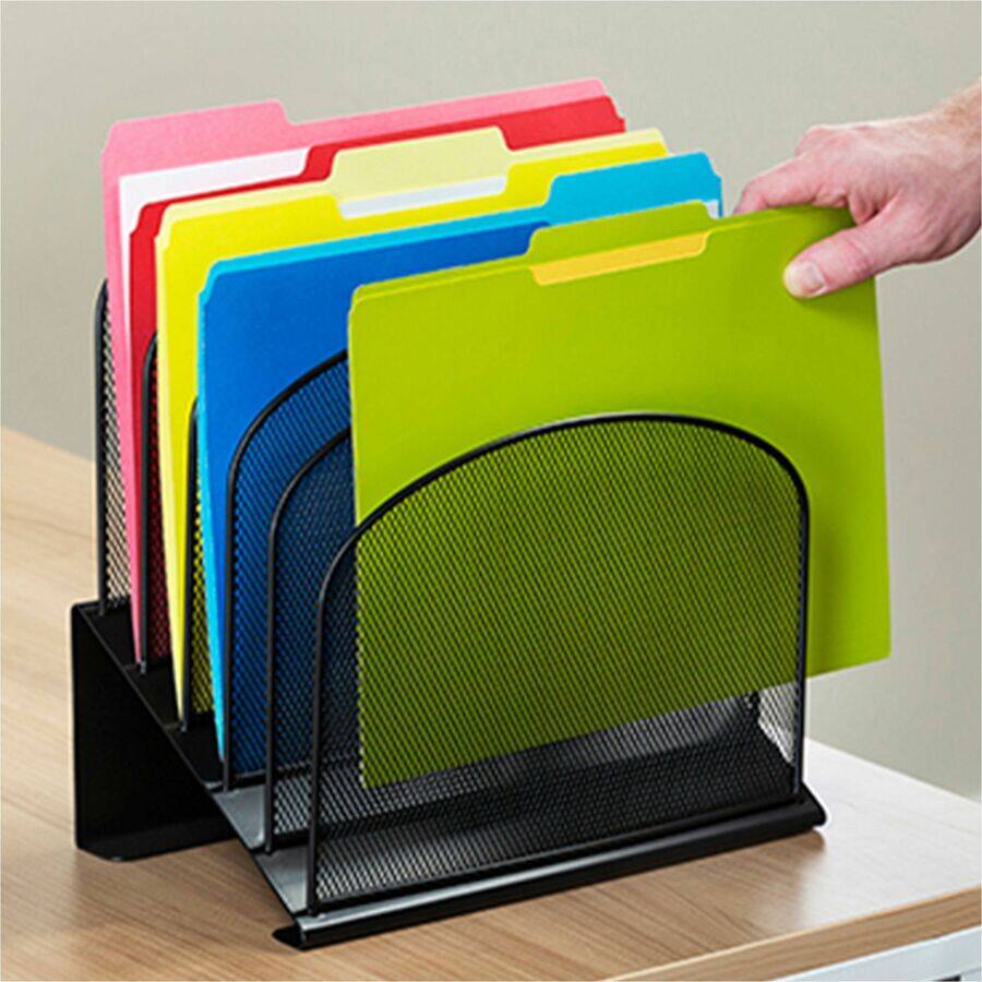 Left. Safco - Safco Onyx Wire Mesh Desktop Organizer 5 Compartment Compartment Size : 1" 12" x 11.25" x 7.25" Desktop  Black Steel - Black.