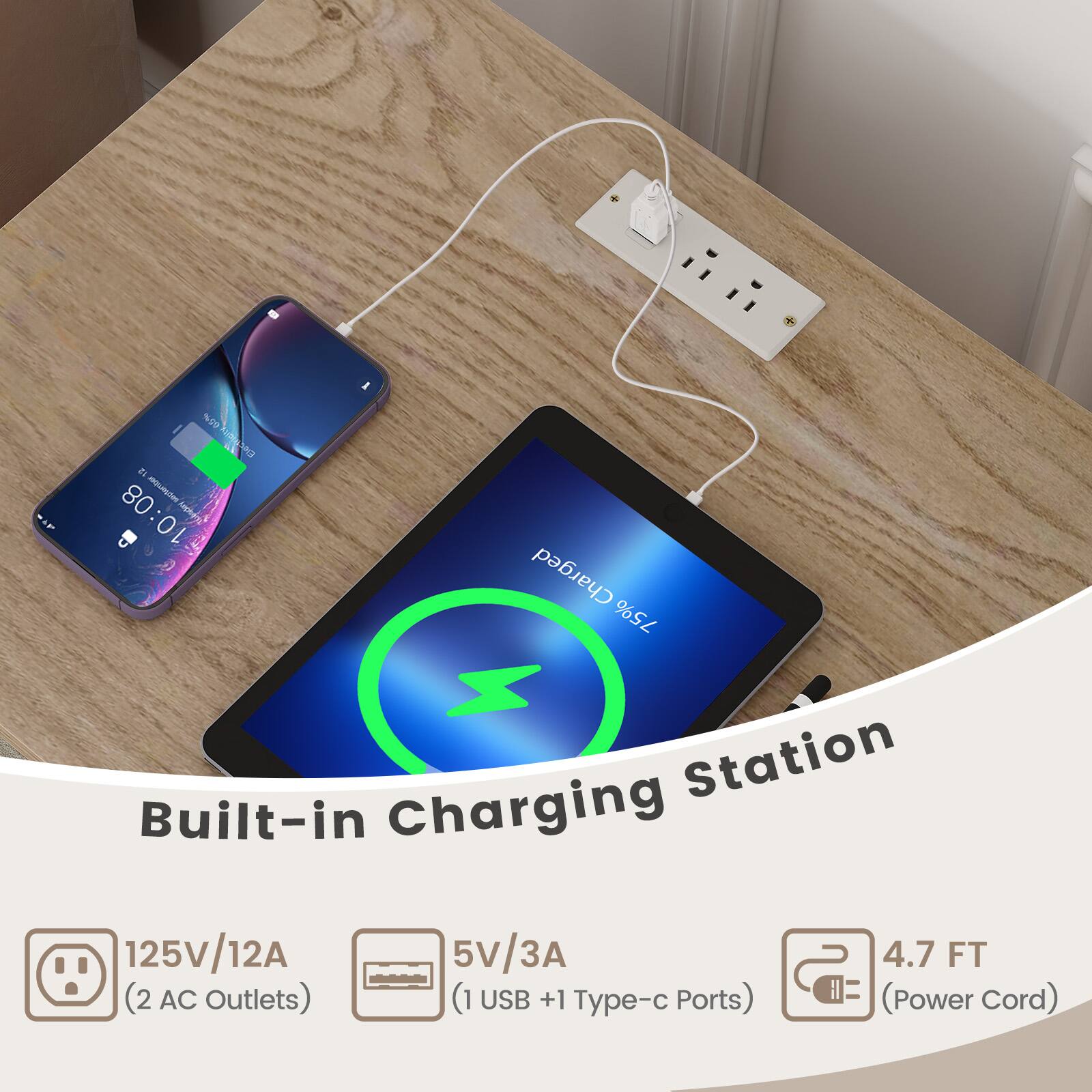 + %9 O O  n 80 n 10:08  Charged 75% Station Built-in Charging 125V/12A (2 AC Outlets) 5V/3A (1 USB +1 Type-c Ports) 4.7 FT (Power Cord)