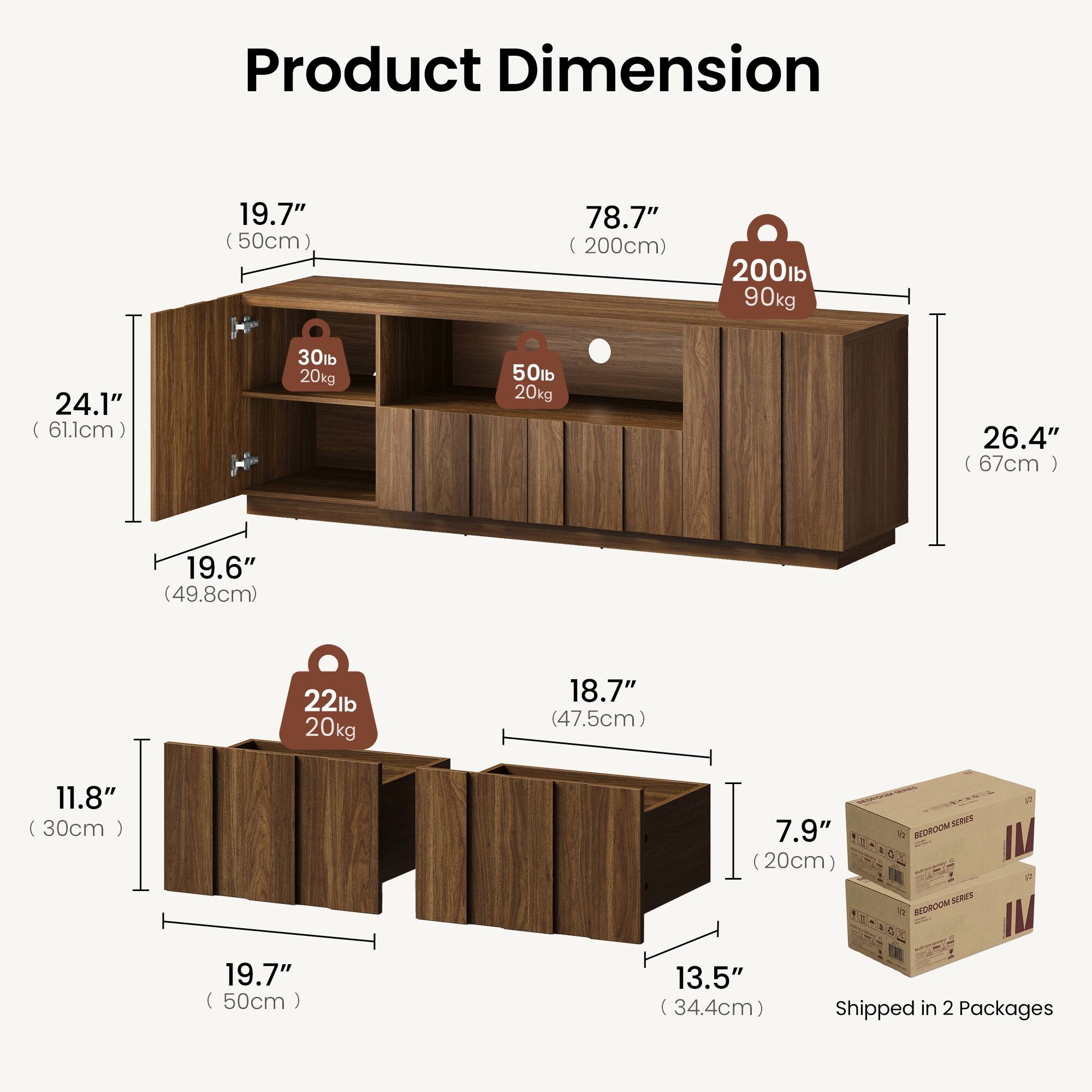 Product Dimension

- 19.7" (50cm)
- 78.7" (200cm)
- 200lb (90kg)
- 24.1" (61.1cm)
- 30lb (20kg)
- 50lb (20kg)
- 26.4" (67cm)
- 19.6" (49.8cm)
- 22lb (20kg)
- 18.7" (47.5cm)
- 11.8" (30cm)
- 7.9" (20cm)
- 13.5" (34.4cm)

Shipped in 2 Packages