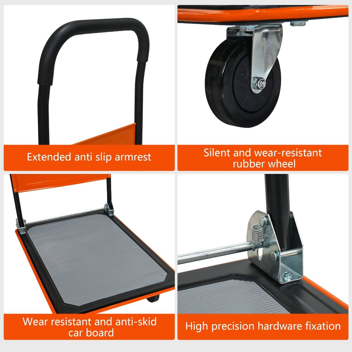 Extended anti-slip armrest  
Silent and wear-resistant rubber wheel  
Wear-resistant and anti-skid car board  
High precision hardware fixation
