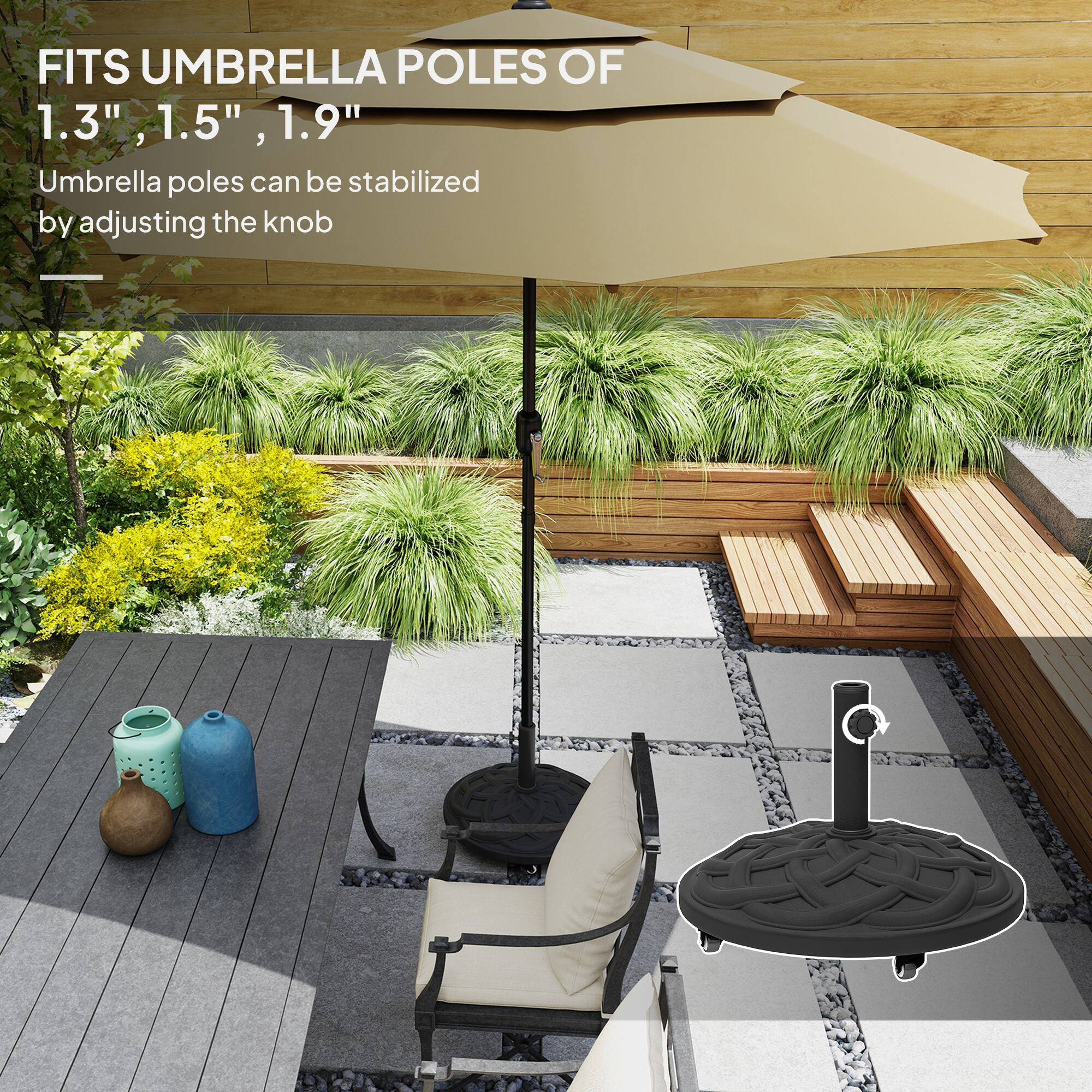 FITS UMBRELLA POLES OF 1.3", 1.5", 1.9" Umbrella poles can be stabilized by adjusting the knob