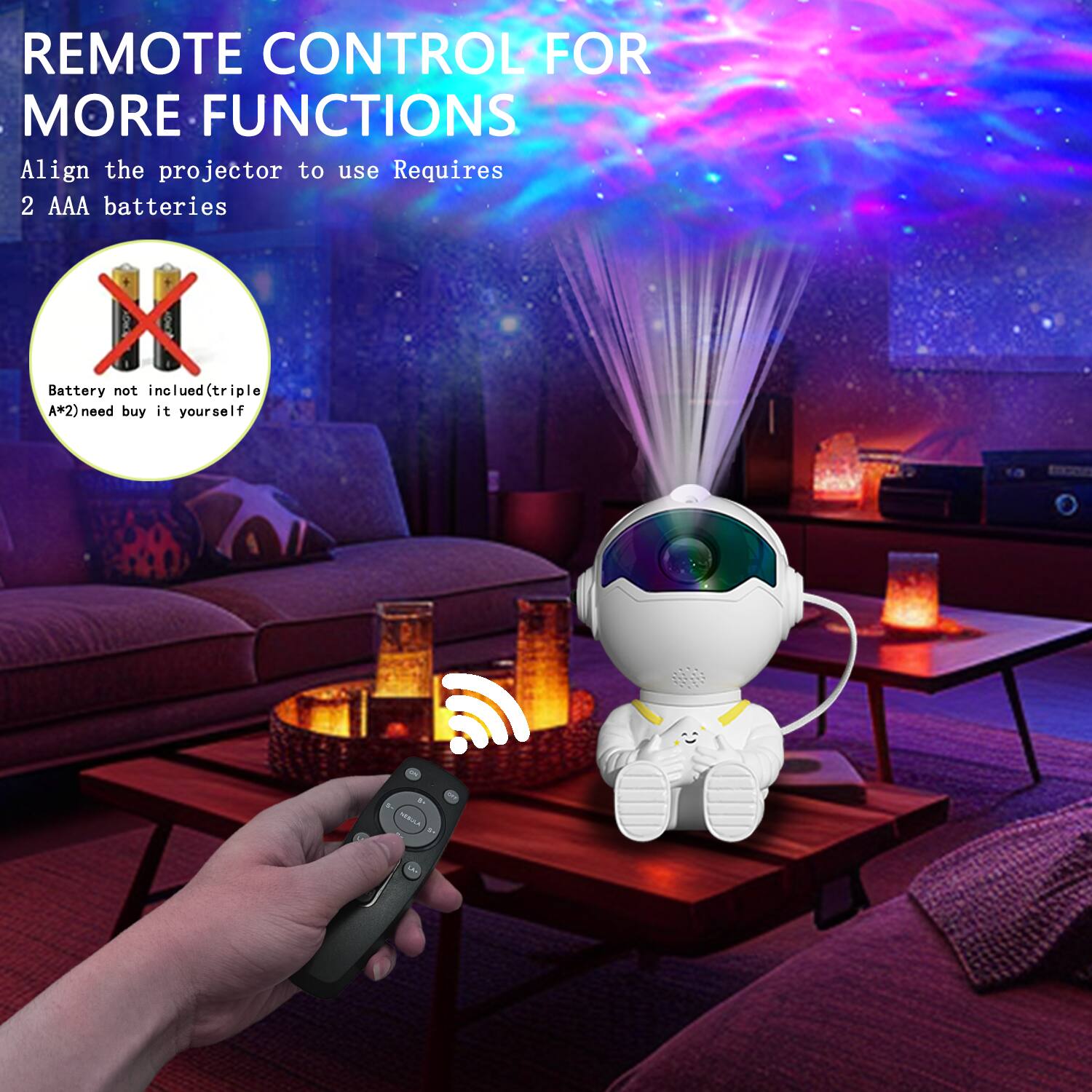REMOTE CONTROL FOR MORE FUNCTIONS

Align the projector to use Requires 2 AAA batteries

Battery not included (triple A*2) need buy it yourself