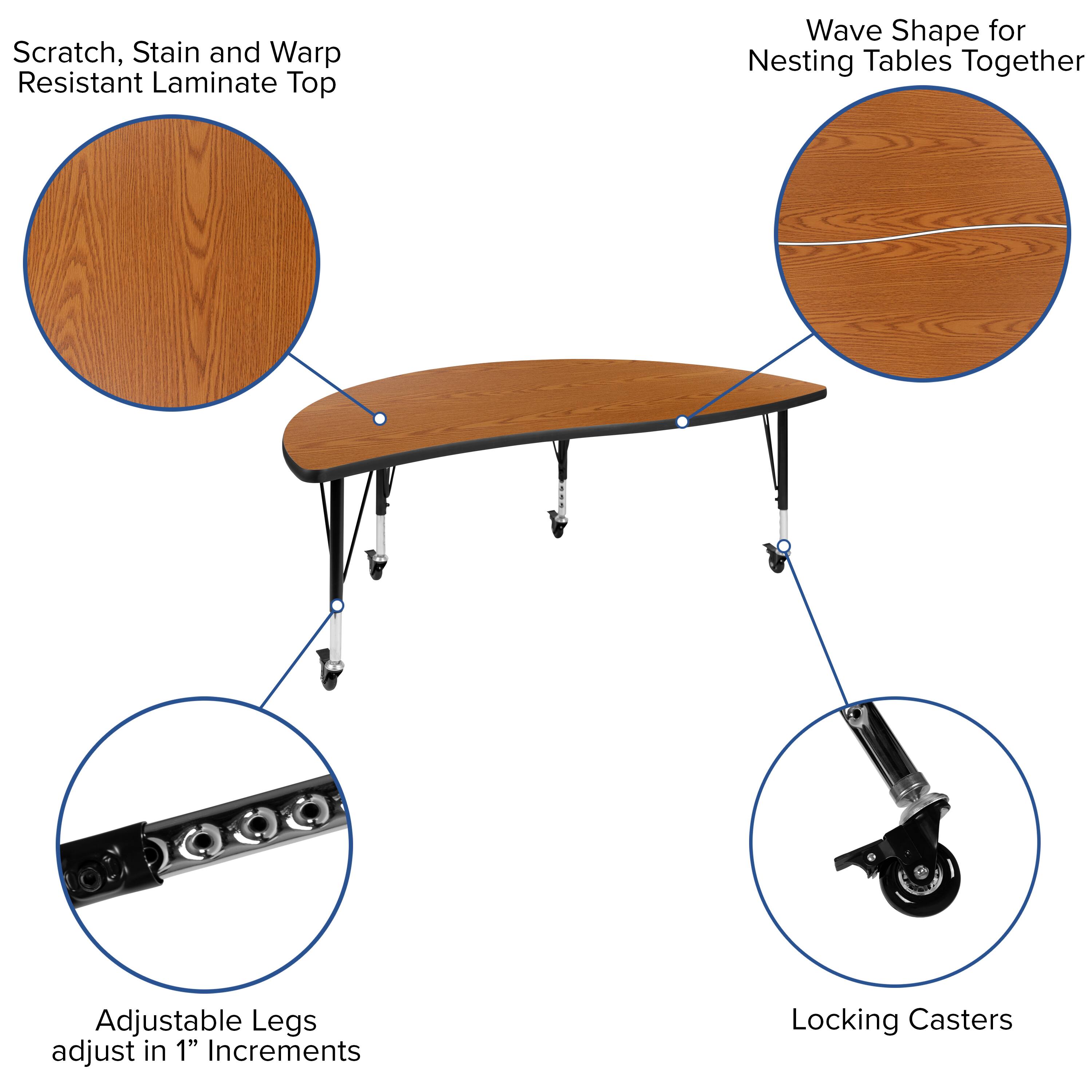 Scratch, Stain and Warp Resistant Laminate Top

Wave Shape for Nesting Tables Together

Adjustable Legs adjust in 1" Increments

Locking Casters