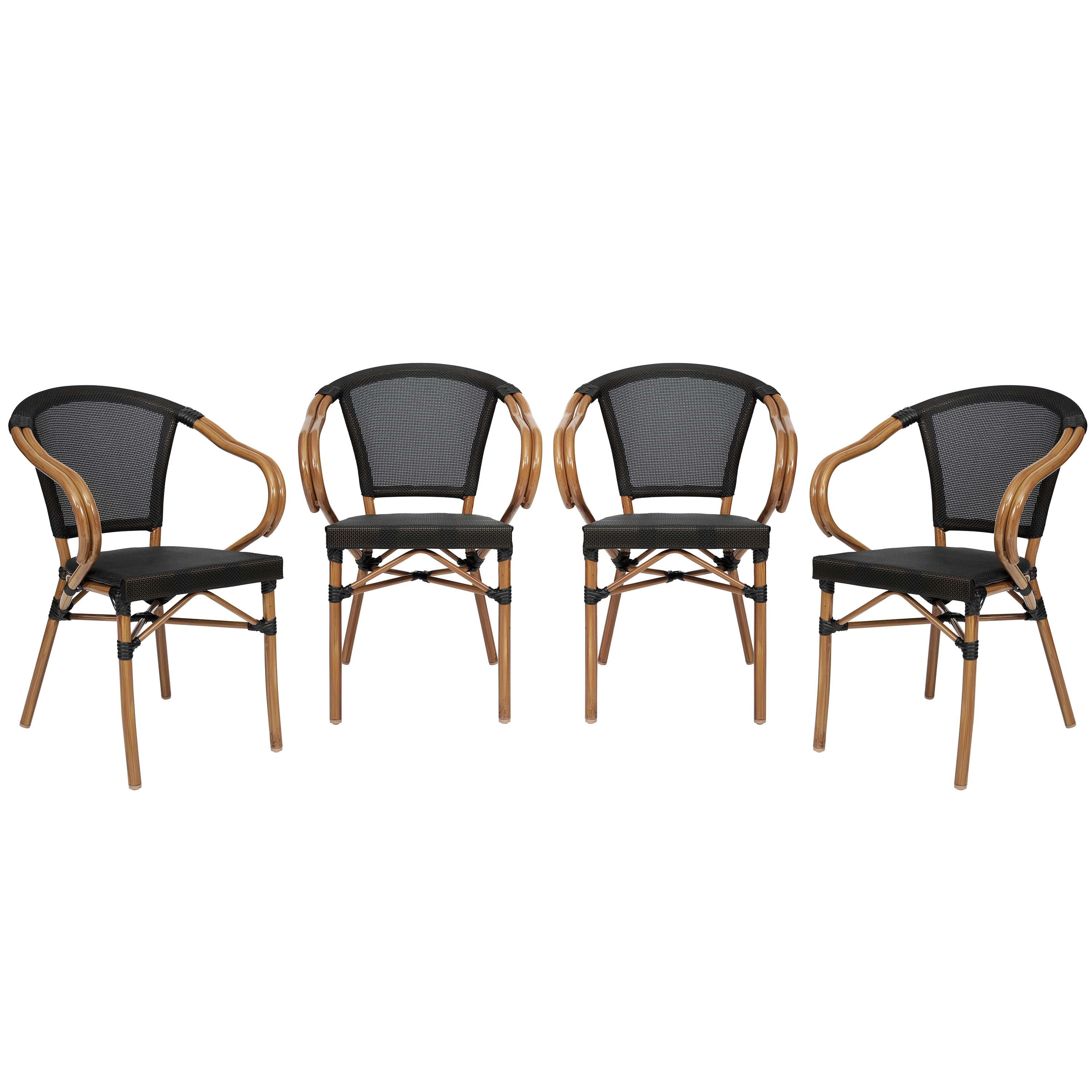 Emma + Oliver - 4 Pack Stacking Bistro Chair with Bamboo Print Metal Frame - Black/Natural Frame