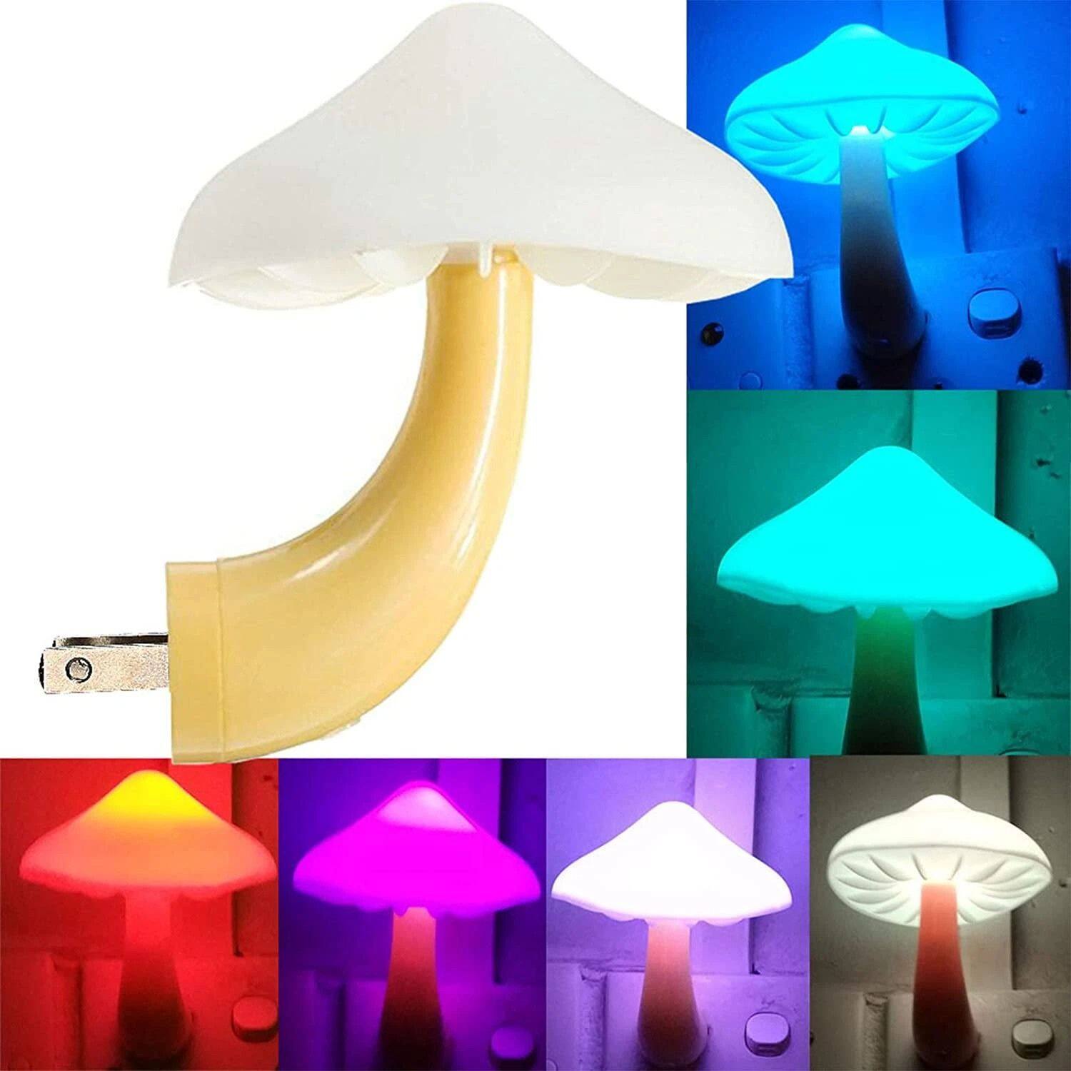 Left. Stock Preferred - 2× Mushroom LED Night Lights – 7-Color Romantic Sensor Plug-in Wall Lamps - White.