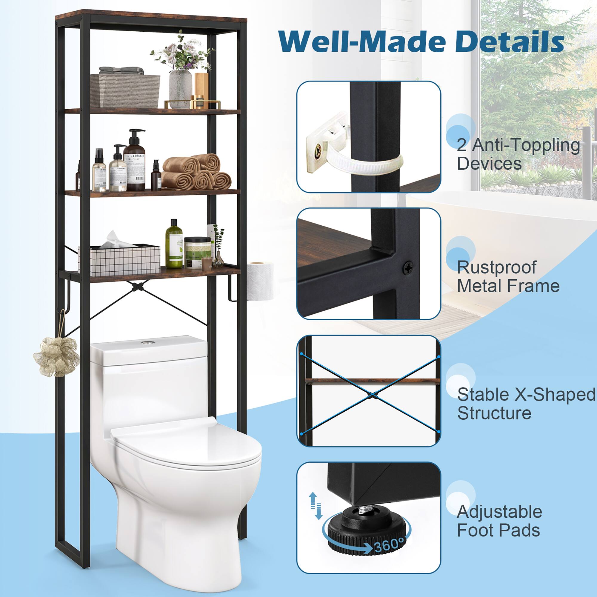 Alt View 5. Gymax - Gymax Over The Toilet Storage 4-Tier Industrial Over-the-Toilet Space Saver Storage Rack Rustic Brown - Rustic Brown.