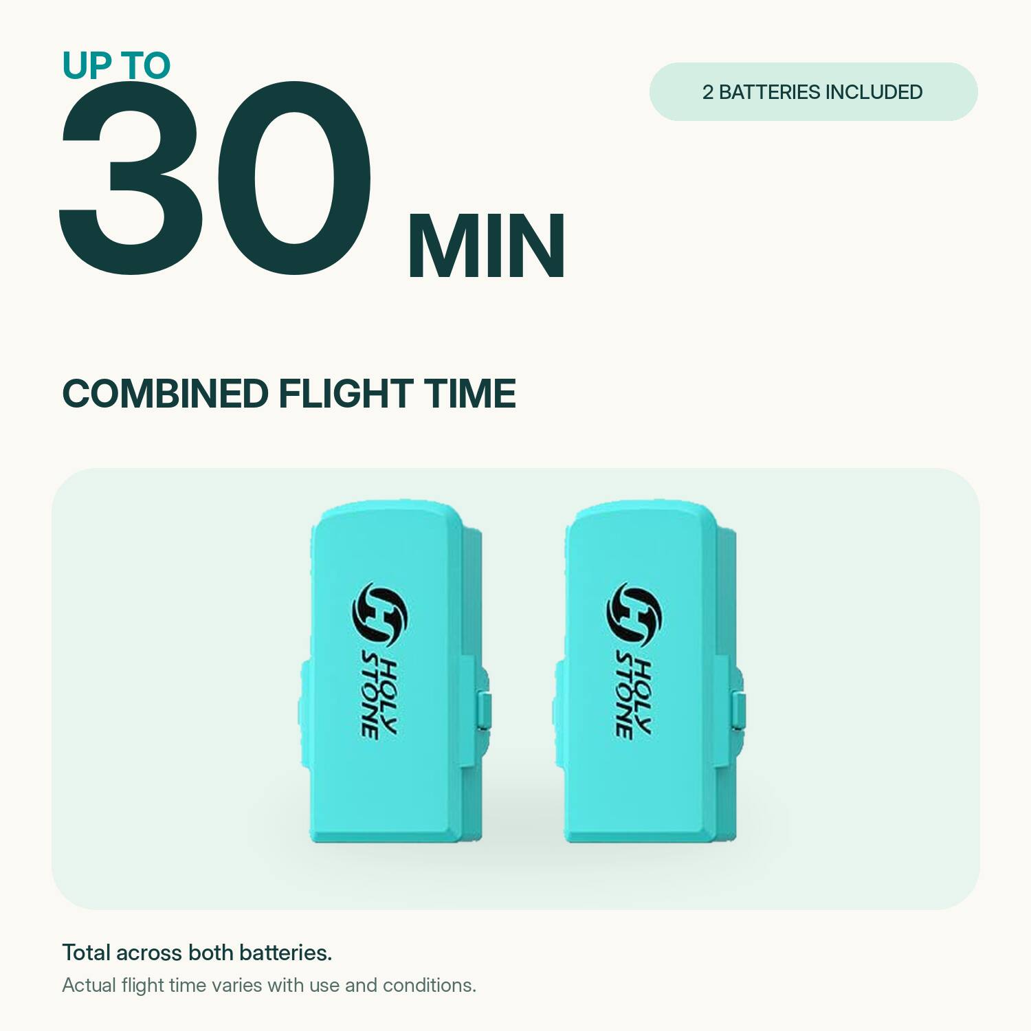 UP TO 30 MIN COMBINED FLIGHT TIME  
2 BATTERIES INCLUDED  
STONE HOLY  
Total across both batteries. Actual flight time varies with use and conditions.