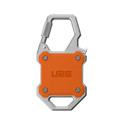 Front. UAG - AirTag Case w Built-in Bottle Opener & Carabiner for Keys, Luggage & Bags - Orange/Silver.