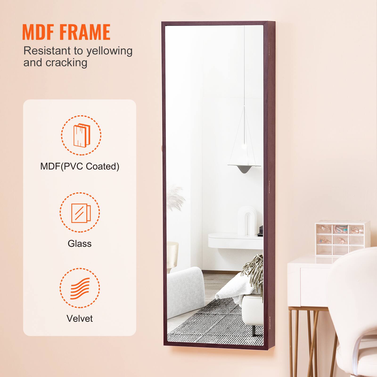 MDF FRAME  
Resistant to yellowing and cracking  

MDF(PVC Coated)  
Glass  
Velvet