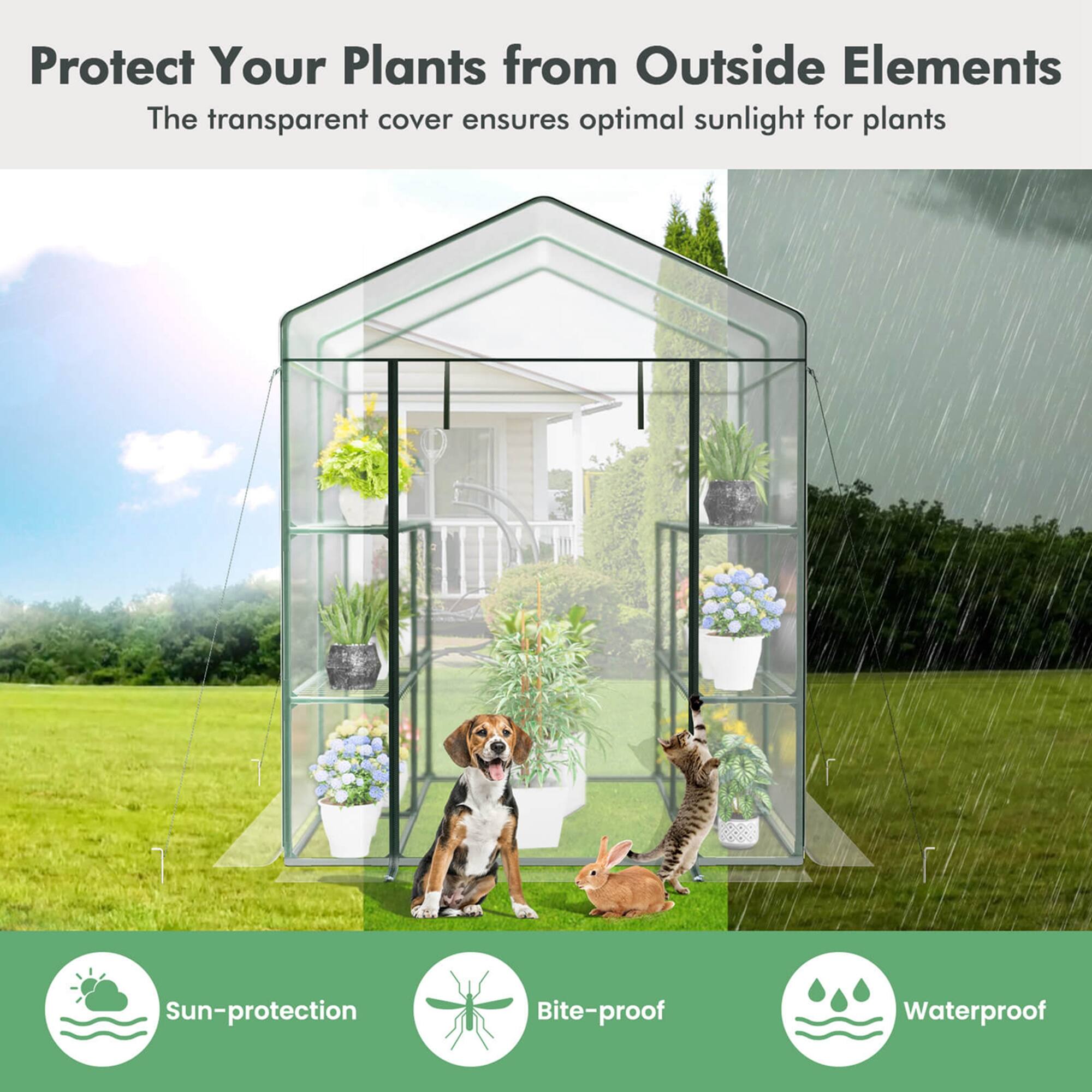 Protect Your Plants from Outside Elements  
The transparent cover ensures optimal sunlight for plants  

Sun-protection  
Bite-proof  
Waterproof