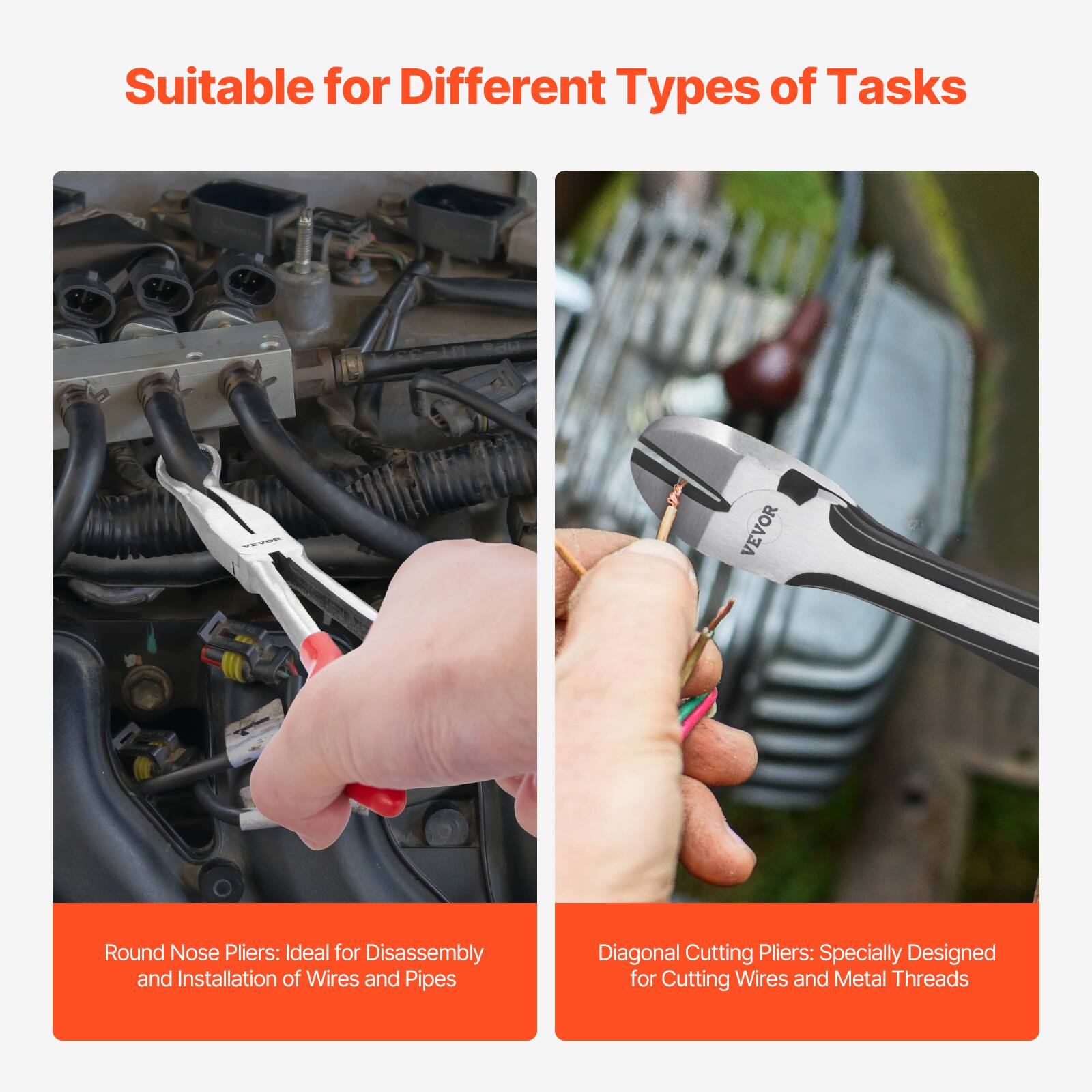 Suitable for Different Types of Tasks

Round Nose Pliers: Ideal for Disassembly and Installation of Wires and Pipes

Diagonal Cutting Pliers: Specially Designed for Cutting Wires and Metal Threads