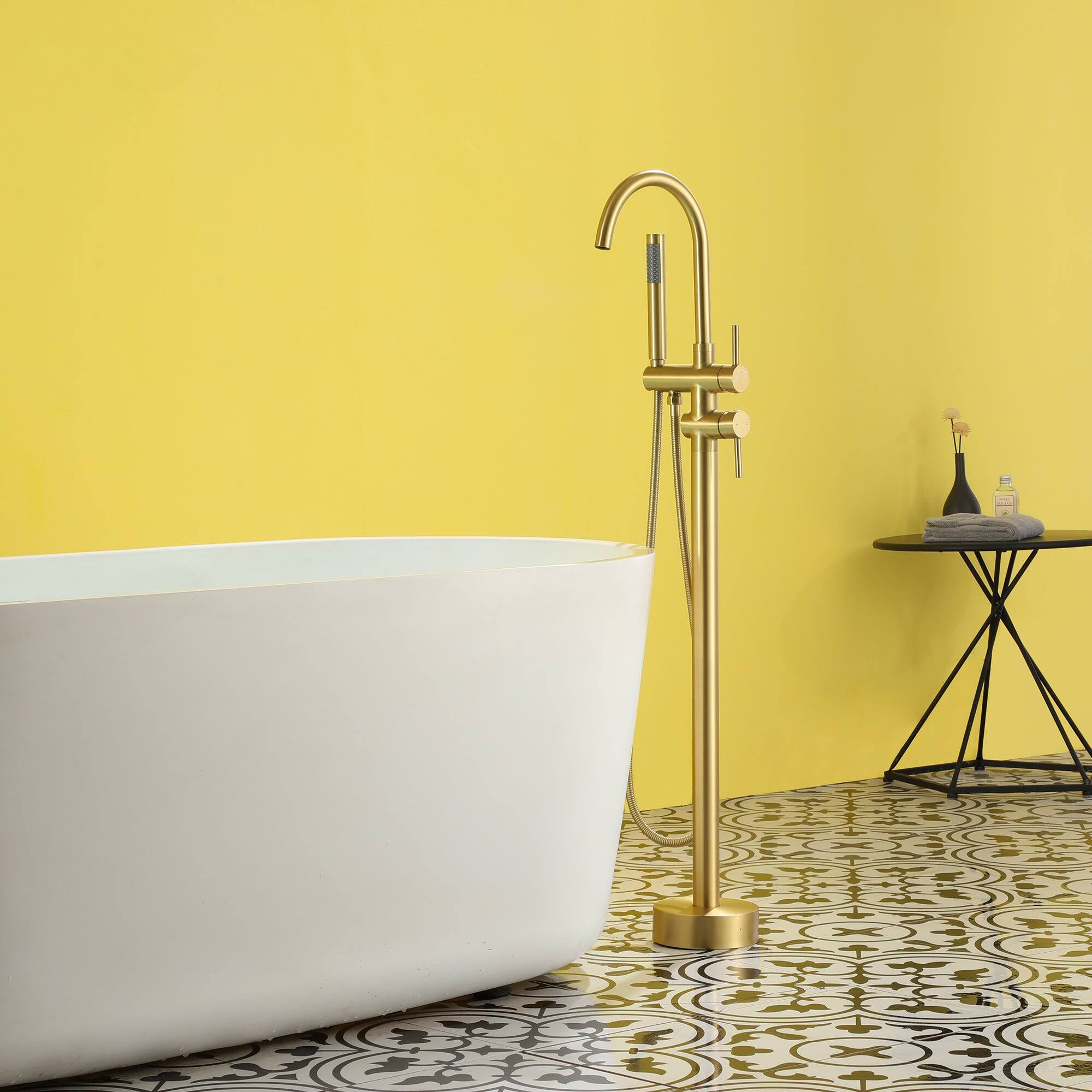Alt View 3. Boyel Living - Freestanding Floor Mount 2-Handle Bath Tub Filler Faucet with Handheld Shower in Brushed Gold - Brushed Gold.