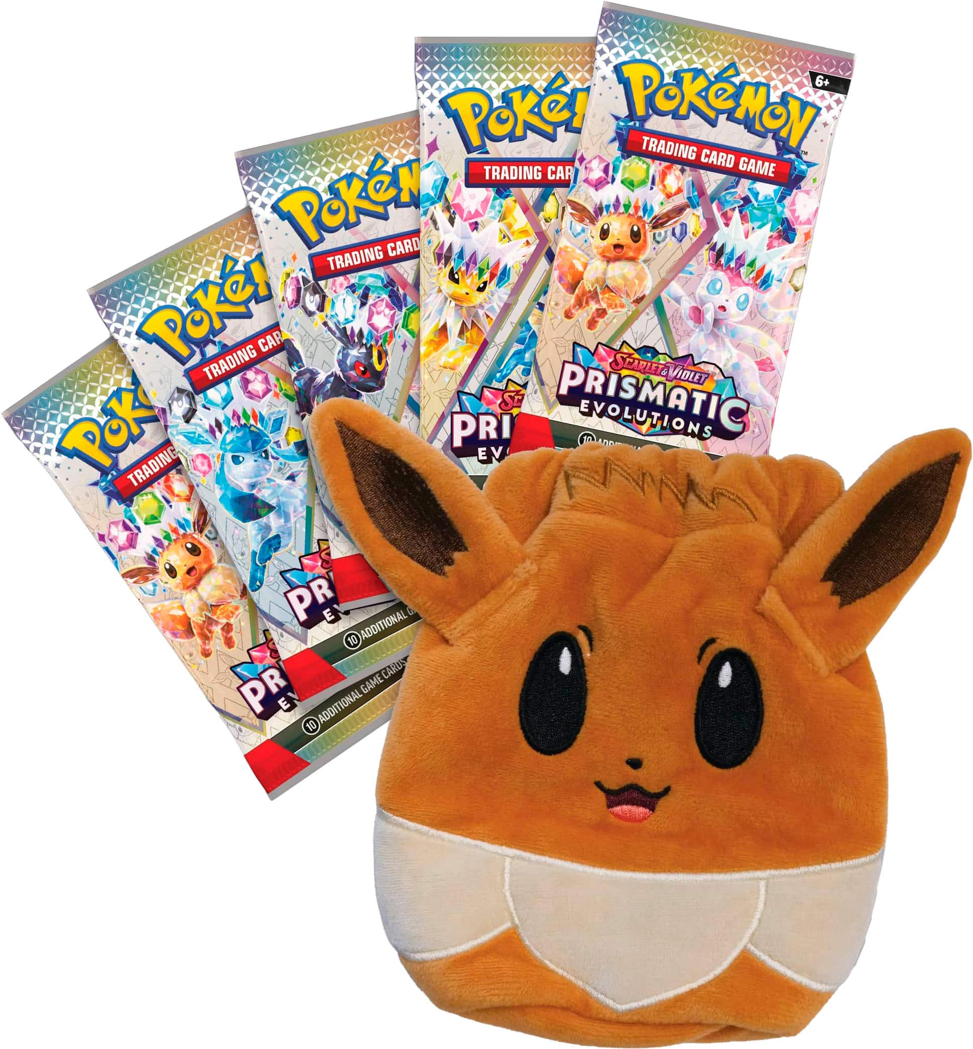 The image features a collection of Pokemon trading cards and a stuffed Pokemon toy. There are six Pokemon trading card packs, each containing additional cards. The stuffed Pokemon toy is placed in the center of the image, surrounded by the packs of cards. The packs are arranged in a visually appealing manner, showcasing the variety of Pokemon cards available.