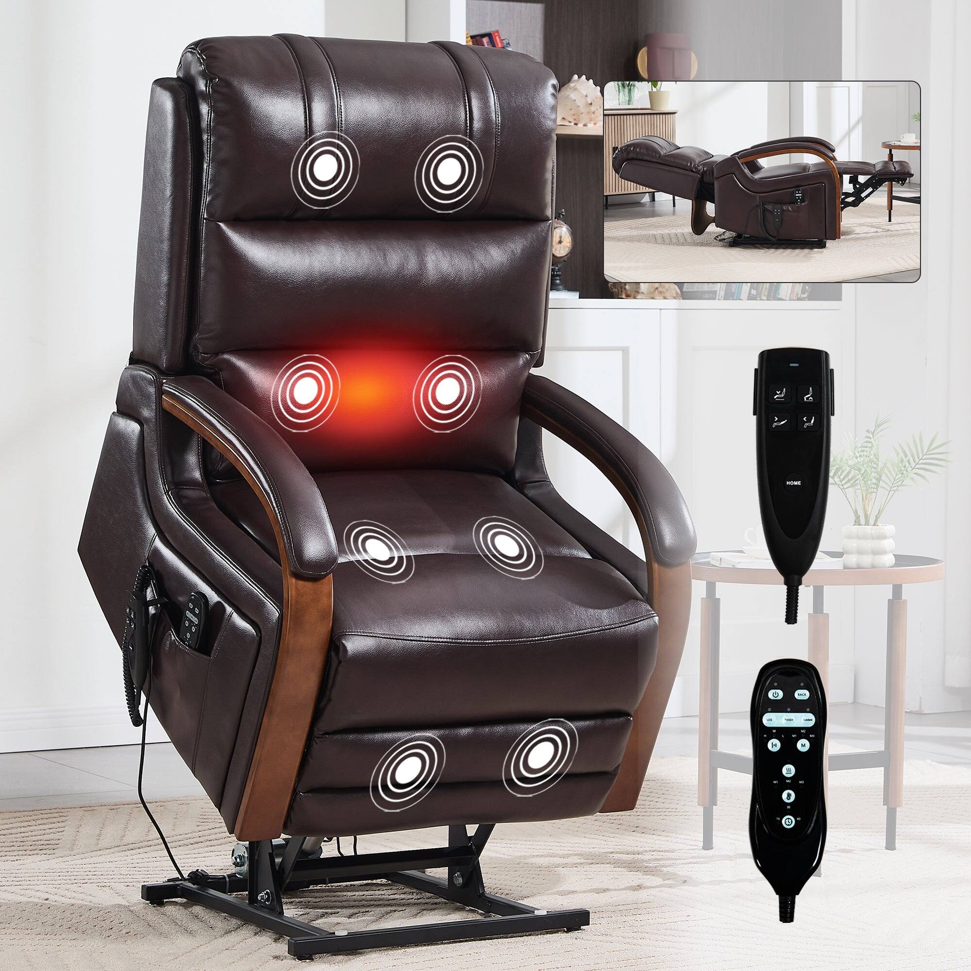 Alt View 1. Boyel Living - Brown Leatheraire Dual Motor Power Lift Recliner, Heat & Massage, Solid Wood Arms, Infinite Positions, 350 lbs Capacity - Brown.
