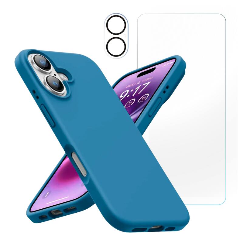 Entronix - iPhone 17 Protective Bundle - Liquid Silicone Case with Screen & Camera Lens Protectors - Aqua Blue