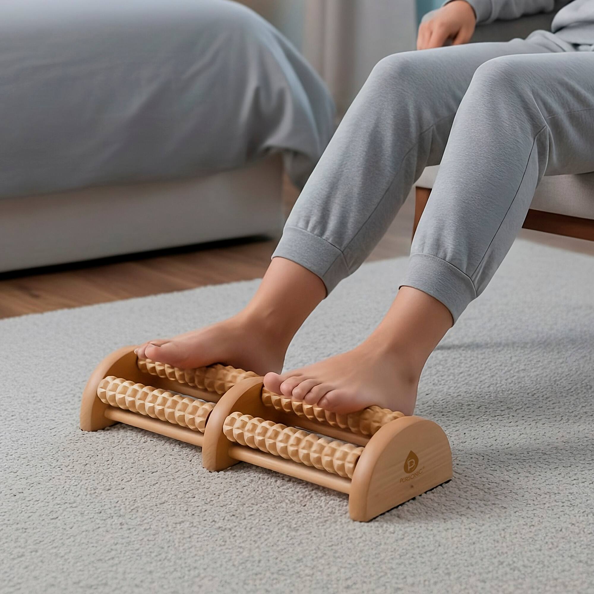 Left. Pursonic - Wooden Foot Massager with Dual Rollers - Beige.