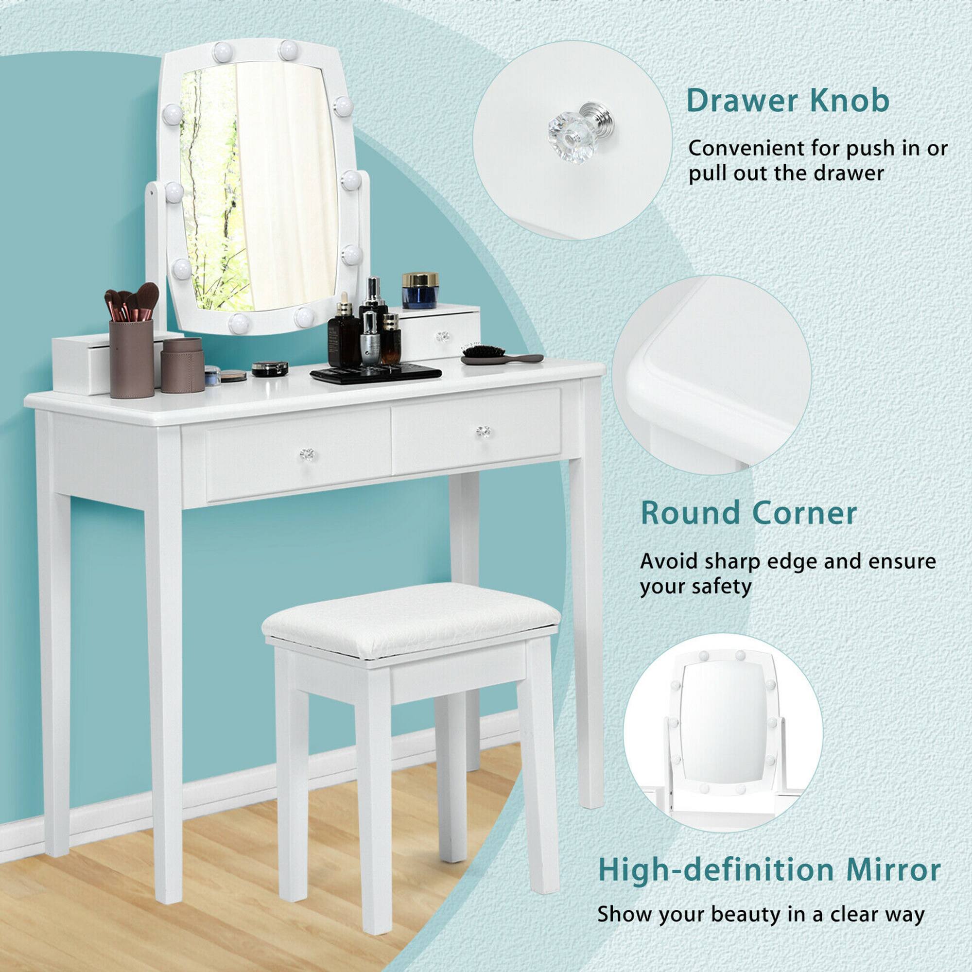 Drawer Knob  
Convenient for push in or pull out the drawer  

Round Corner  
Avoid sharp edge and ensure your safety  

High-definition Mirror  
Show your beauty in a clear way