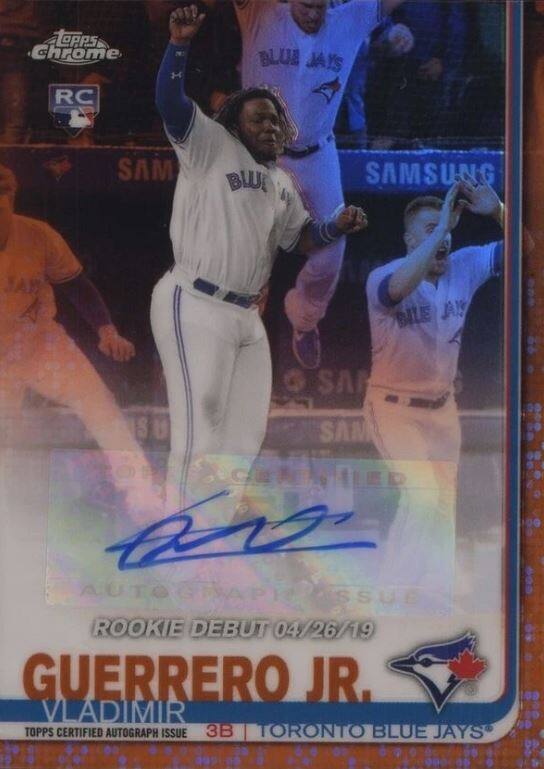 **Topps Chrome RC Blue Jays Vladimir Guerrero Jr.**

- **Autograph Issue**
- **Rookie Debut 04/26/19**
- **Topps Certified Autograph Issue**
- **3B**
- **Toronto Blue Jays**

**Signature:** (Autograph present on the card)