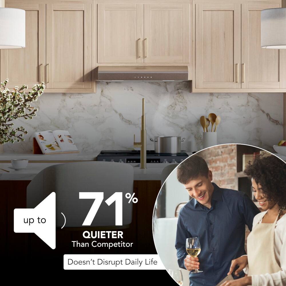 The text on the image suggests that the kitchen is designed to be quieter than a competitor, and it does not disrupt daily life. This implies that the kitchen is designed with noise reduction in mind, ensuring a more peaceful and comfortable environment for the occupants.