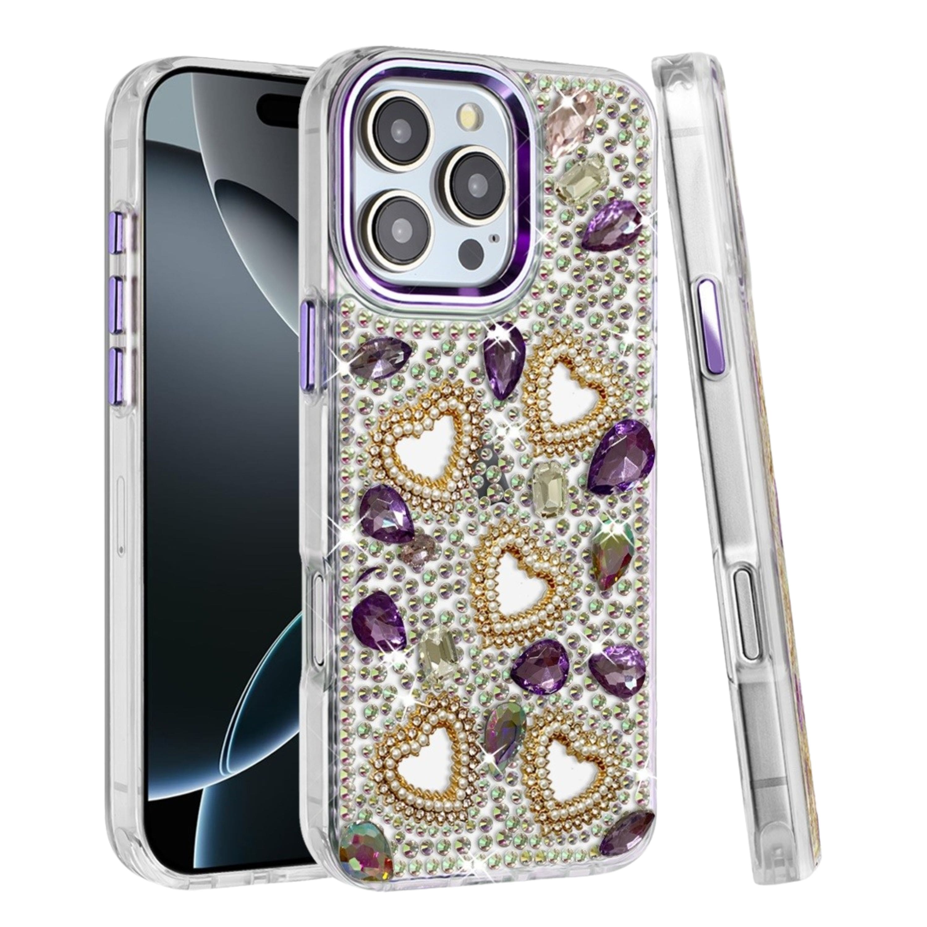 Kitcheniva - Hearts 3D Jewel Phone Case With Tempered Glass For iPhone 16 Pro Max - Dark Purple