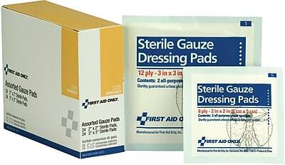 **First Aid Only**

**Assorted Gauze Pads**
- 24 2" x 2" Sterile Pads
- 24 3" x 3" Sterile Pads
- Sterility guaranteed unless package is opened

**Sterile Gauze Dressing Pads**
- 12 ply - 3" x 3"
- Contents: 2 all-purpose
- Sterility guaranteed unless package is opened

**Sterile Gauze Dressing Pads**
- 8 ply - 2" x 2" (5 cm x 5 cm)
- Contents: 2 all-purpose
- Sterility guaranteed unless package is opened

Manufactured for First Aid Only, Inc.
